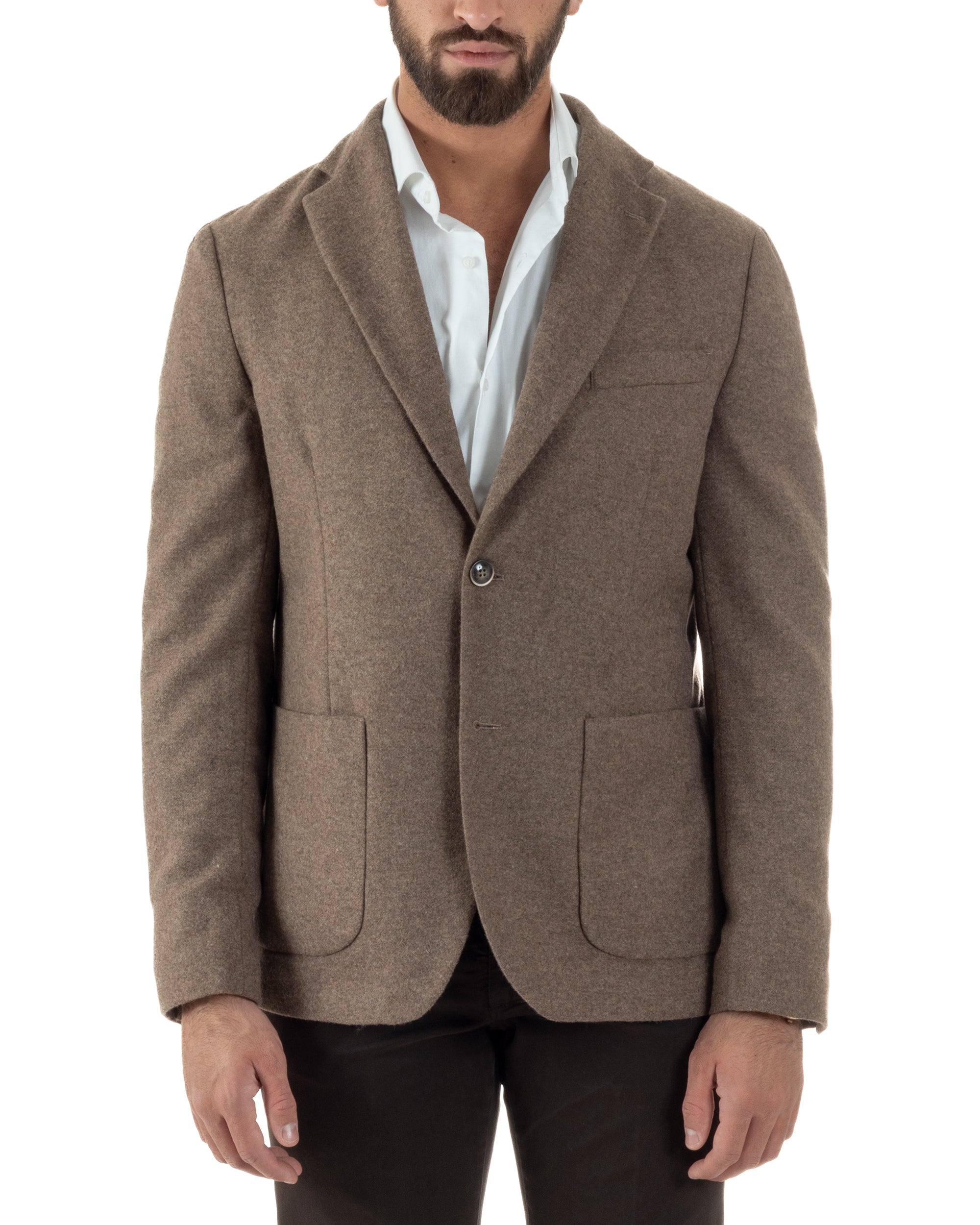 Giacca Monopetto Uomo Lana Revers Blazer Melangiata Tortora BZ1007A
