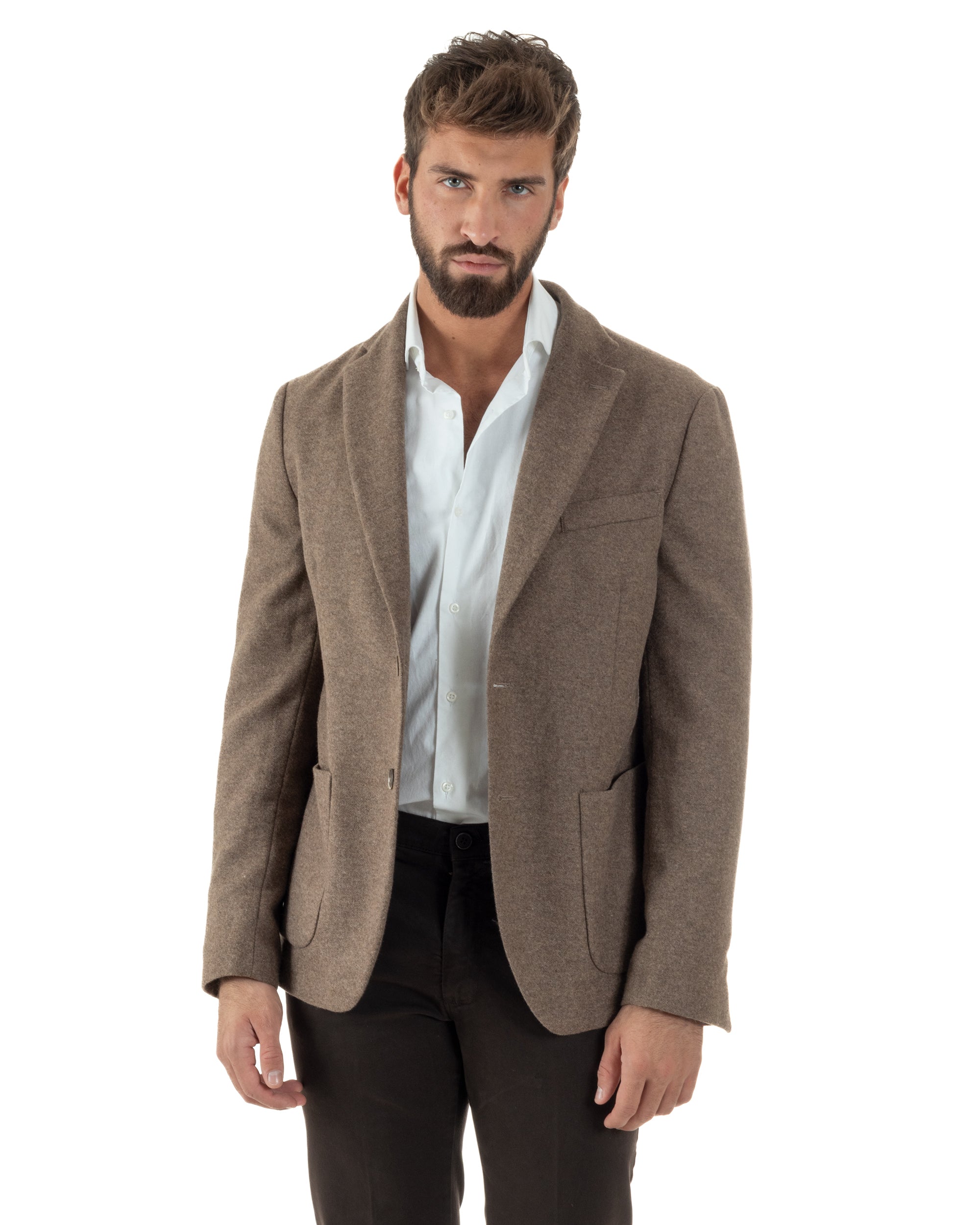 Giacca Monopetto Uomo Lana Revers Blazer Melangiata Tortora BZ1007A