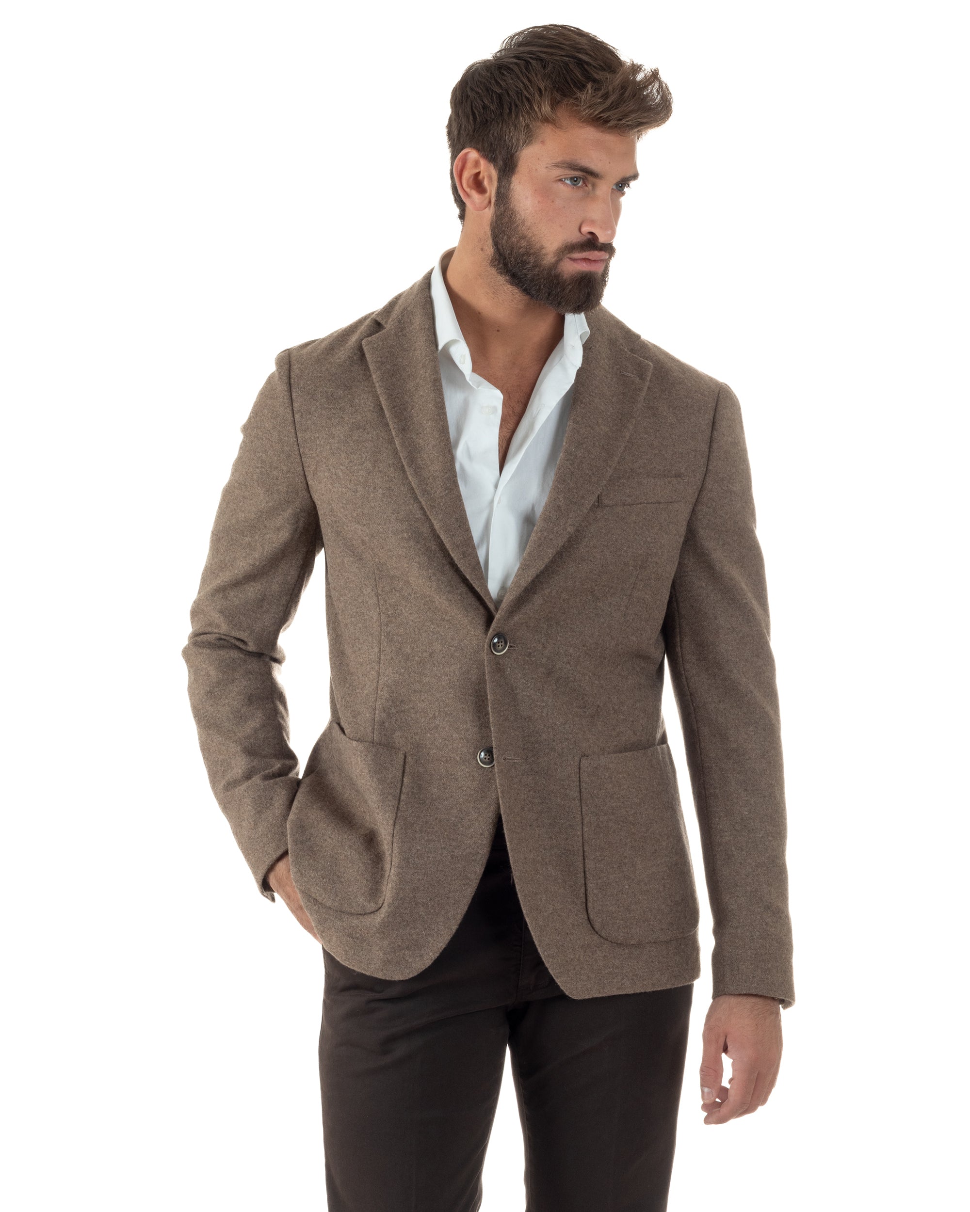 Giacca Monopetto Uomo Lana Revers Blazer Melangiata Tortora BZ1007A