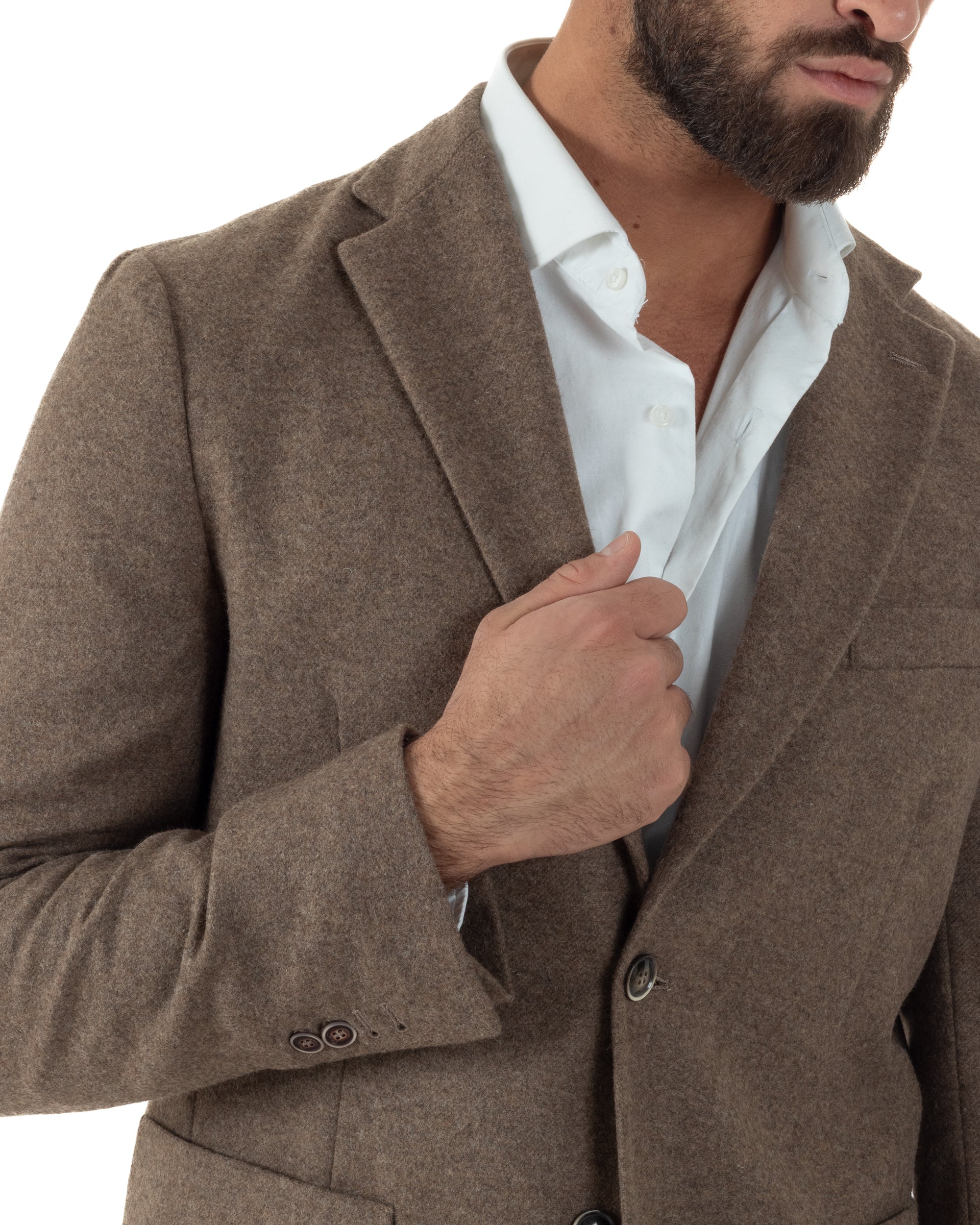 Giacca Monopetto Uomo Lana Revers Blazer Melangiata Tortora BZ1007A