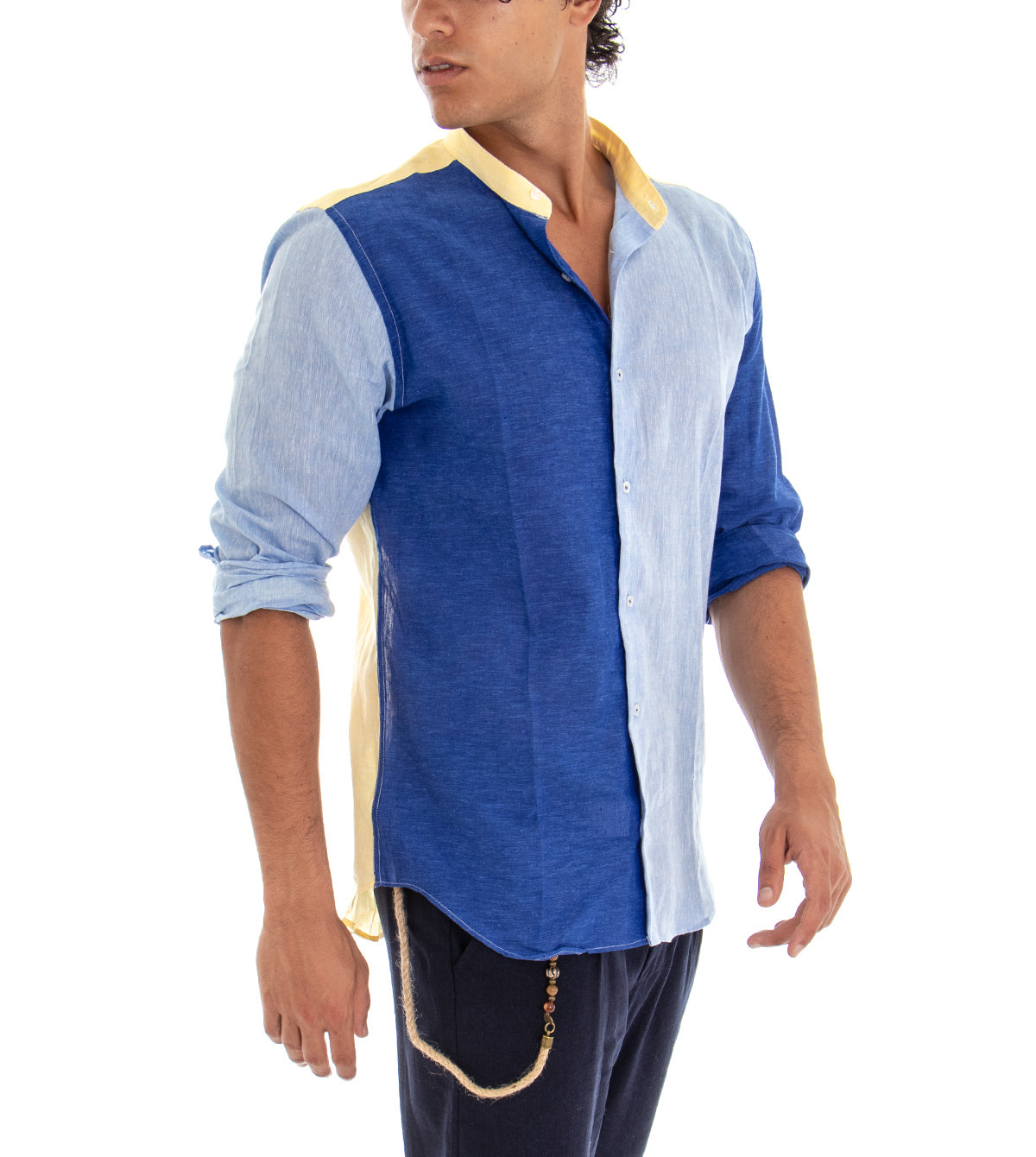 Camicia Uomo Collo Coreano Manica Lunga Blu Regular Fit Melangiata Lino GIOSAL-C1727A