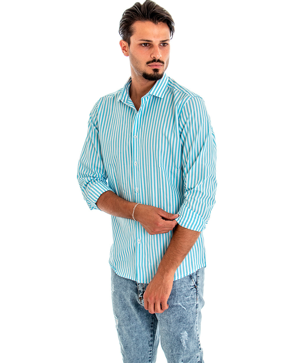 Camicia Uomo Con Colletto Manica Lunga Cotone Celeste Rigata GIOSAL-C1872A