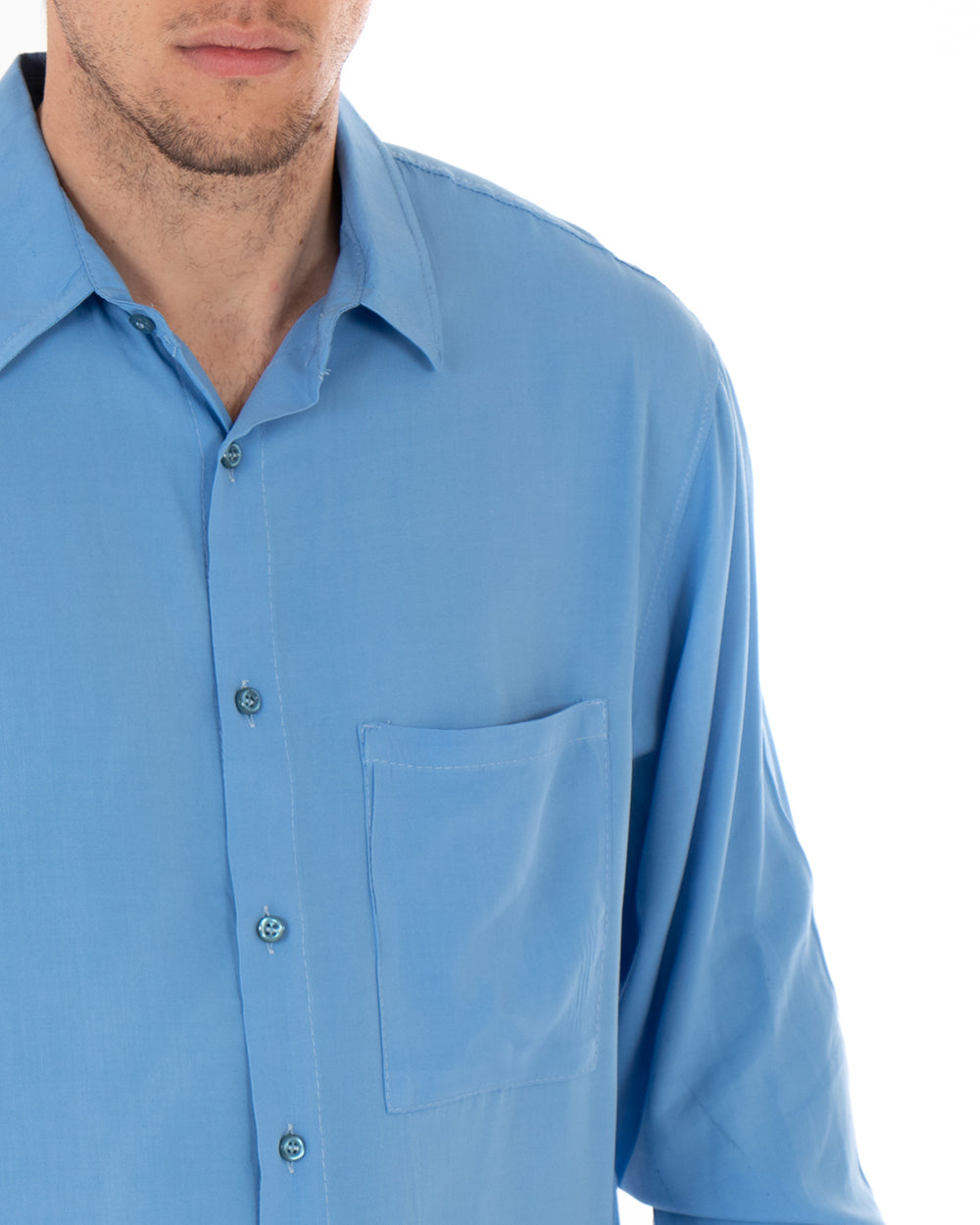 Camicia Uomo Con Colletto Manica Lunga Viscosa Azzurro Oversize Tinta Unita GIOSAL-C1911A