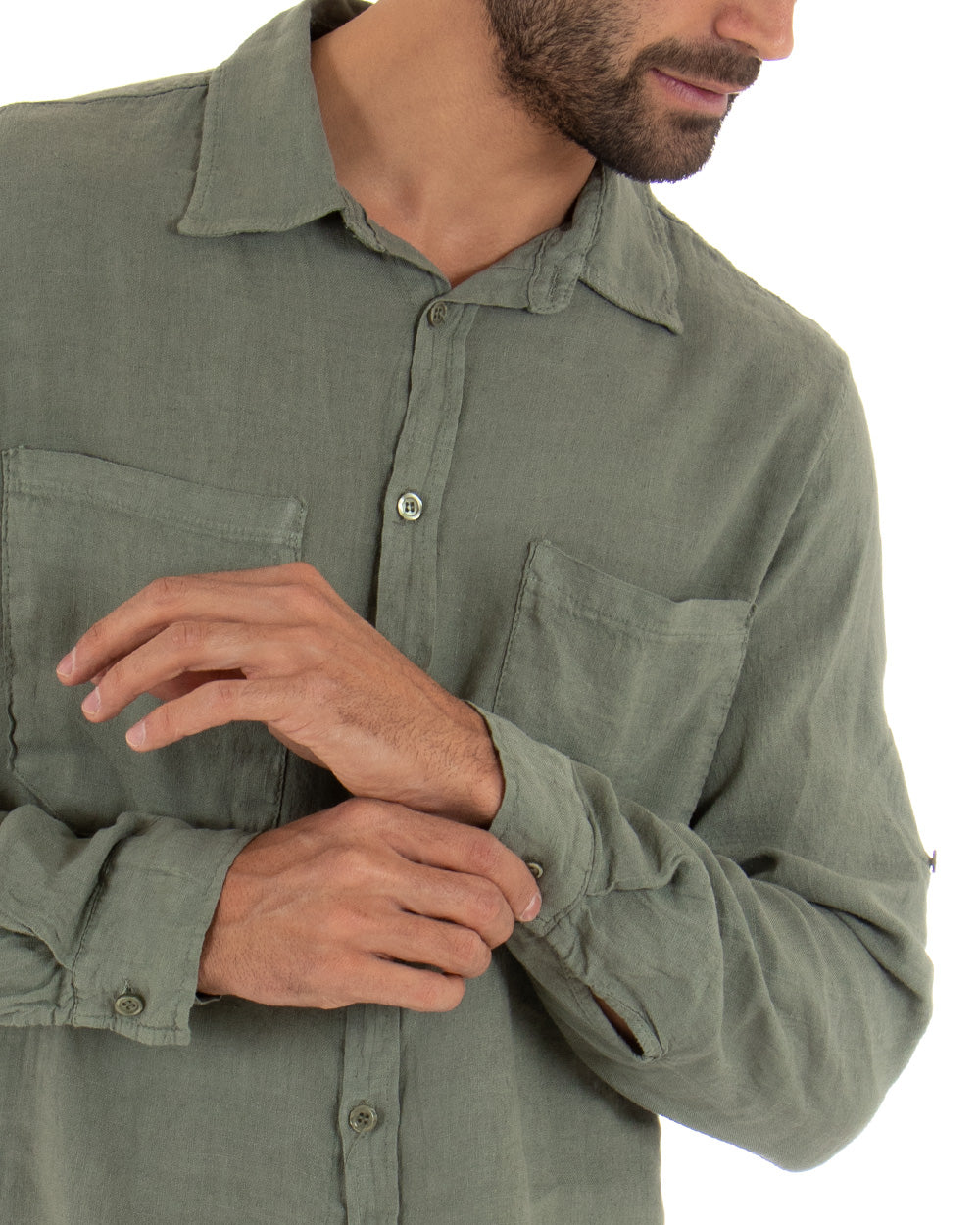 Camicia Uomo Con Colletto Manica Lunga Lino Tinta Unita Verde Militare GIOSAL-C1988A