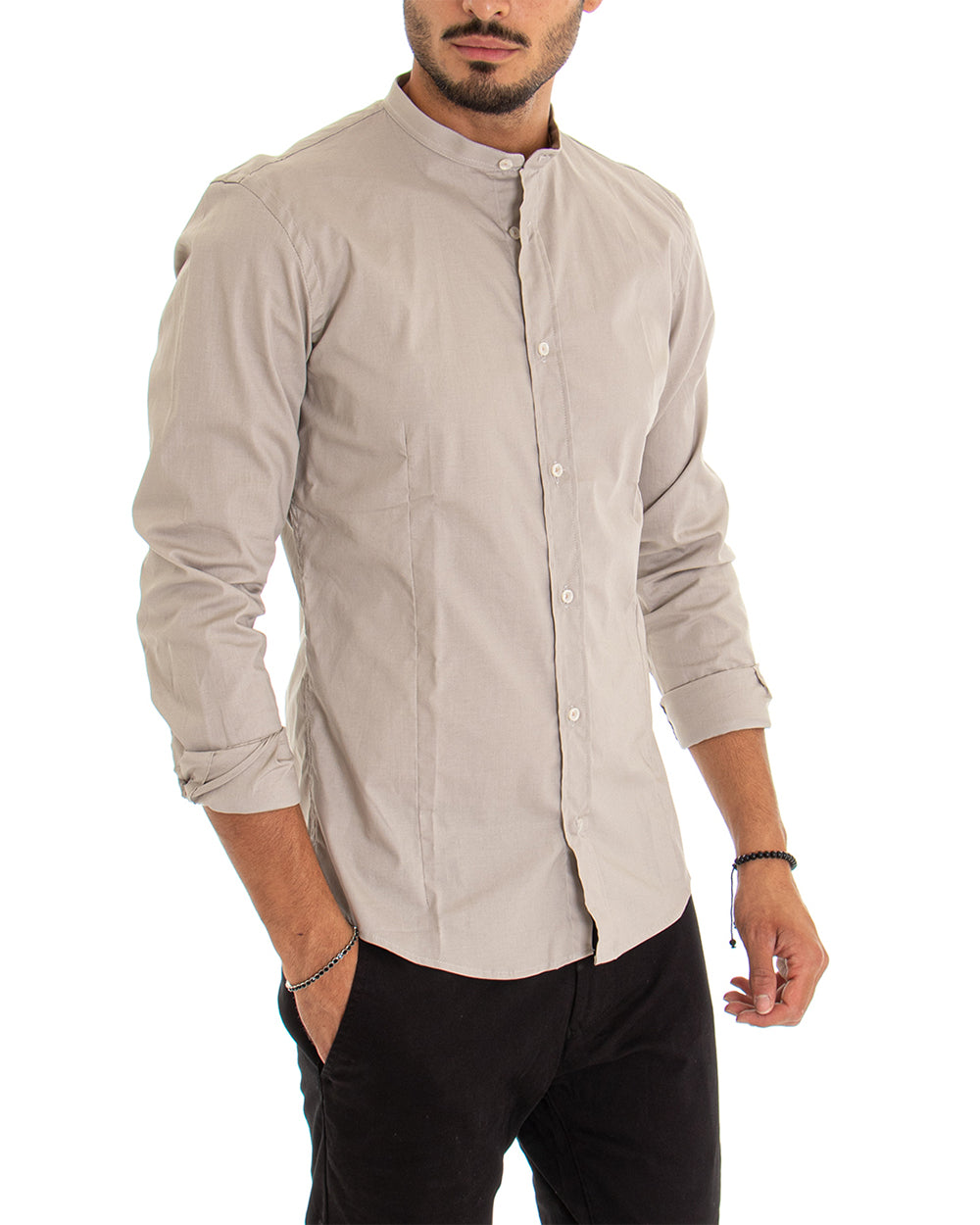 Camicia Uomo Collo Coreano Manica Lunga Tinta Unita Slim Fit Basic Beige GIOSAL-C2095A