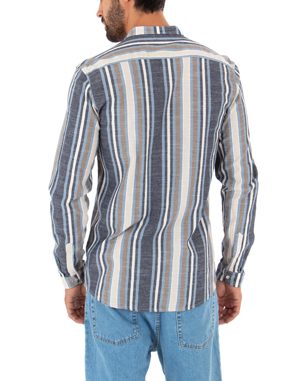 Camicia Uomo Collo Coreano Manica Lunga Lino Rigata Blu Sartoriale GIOSAL-C2342A