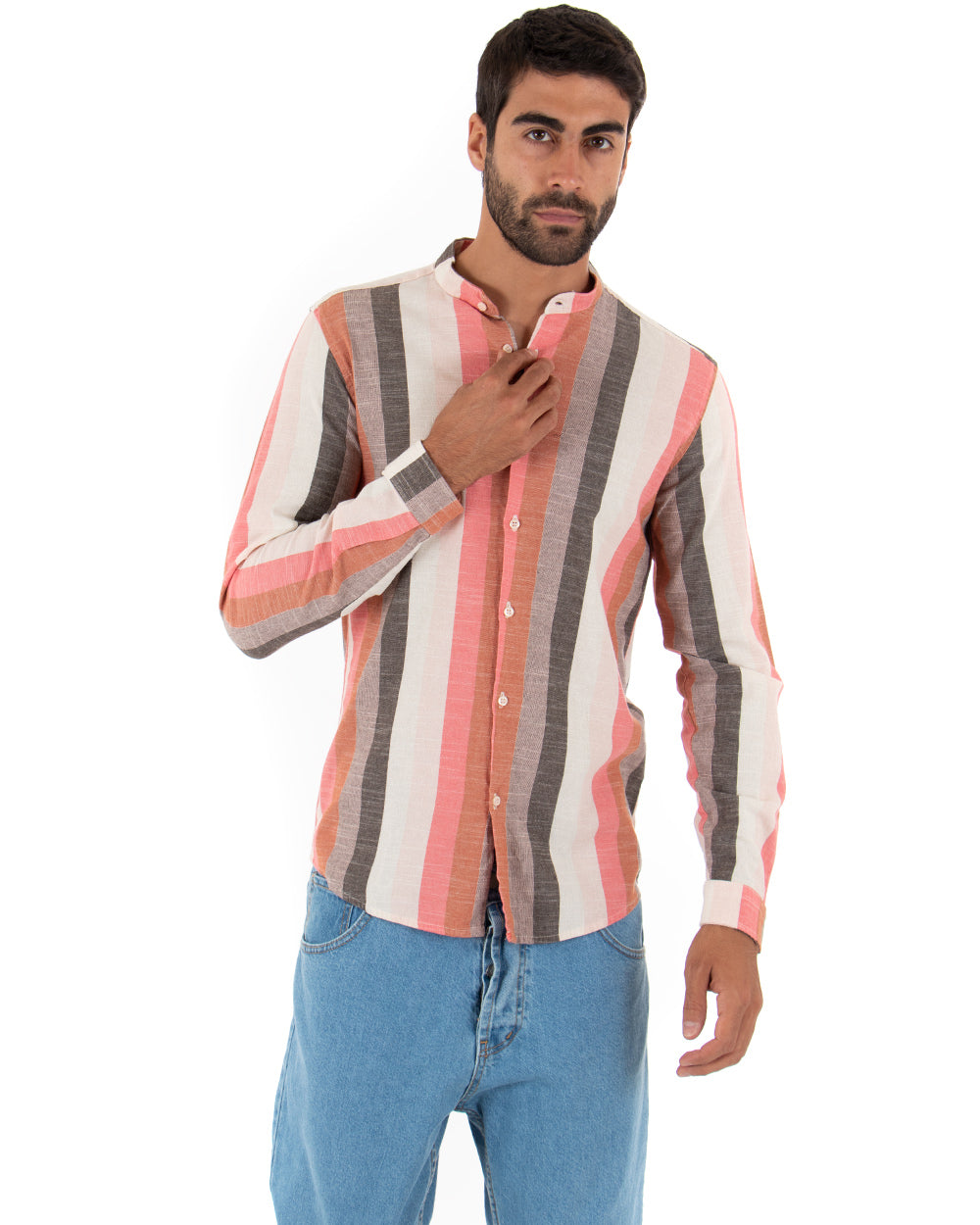 Camicia Uomo Collo Coreano Lino Rigata Sartoriale Corallo GIOSAL-C2343A