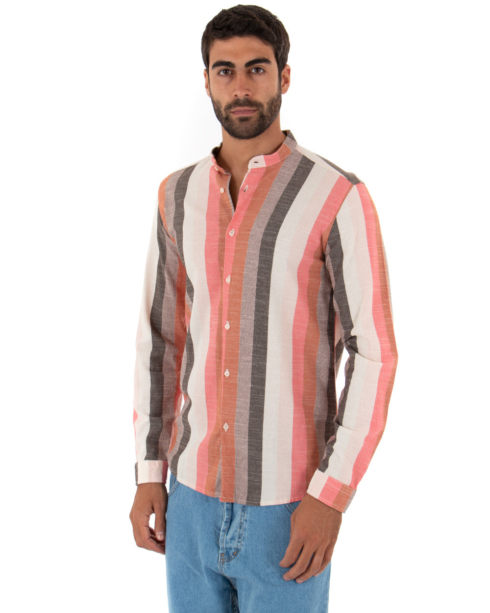 Camicia Uomo Collo Coreano Lino Rigata Sartoriale Corallo GIOSAL-C2343A