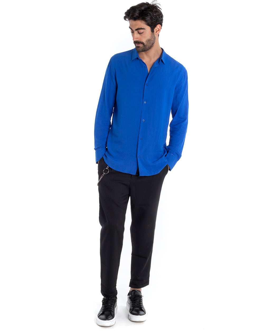 Camicia Uomo Sartoriale Con Colletto Manica Lunga Basic Viscosa Morbida Blu Royal GIOSAL-C2362A