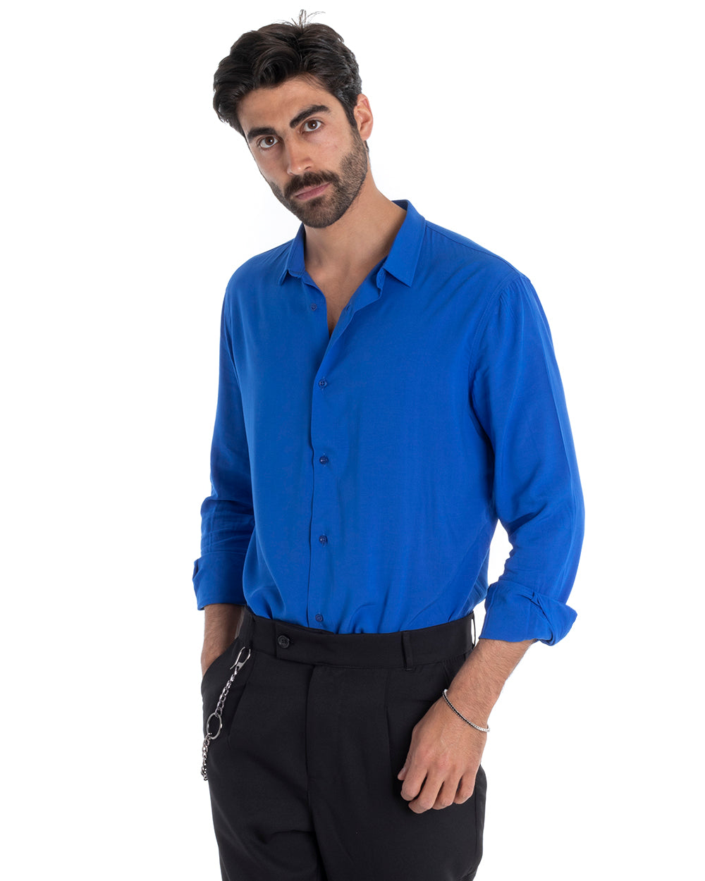 Camicia Uomo Sartoriale Con Colletto Maniche Lunghe Basic Viscosa Morbida Blu Royal GIOSAL-C2362A