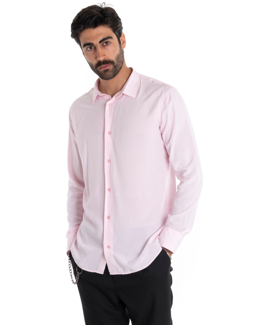 Camicia Uomo Sartoriale Con Colletto Maniche Lunghe Basic Viscosa Morbida Rosa GIOSAL-C2363A