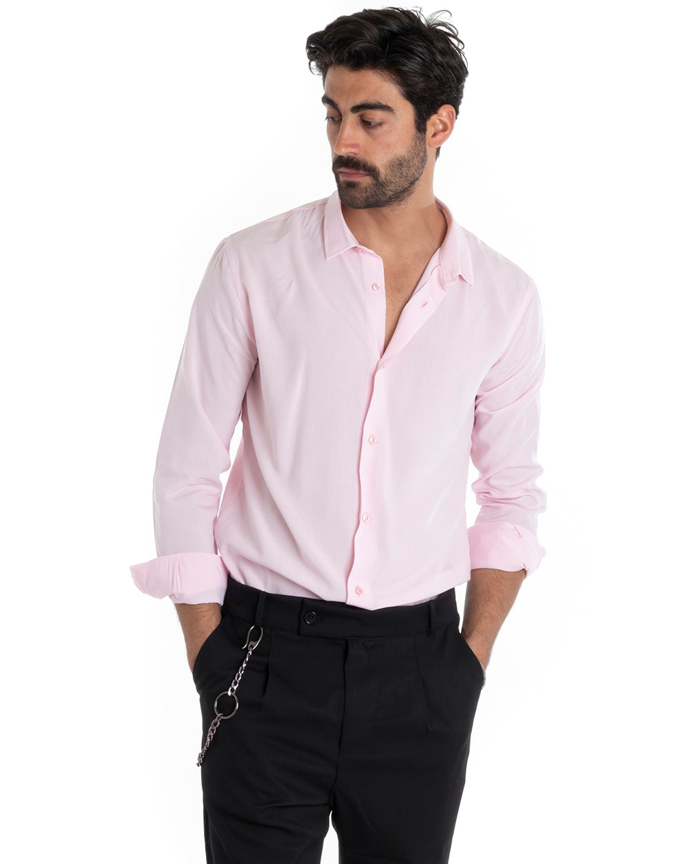 Camicia Uomo Sartoriale Con Colletto Maniche Lunghe Basic Viscosa Morbida Rosa GIOSAL-C2363A