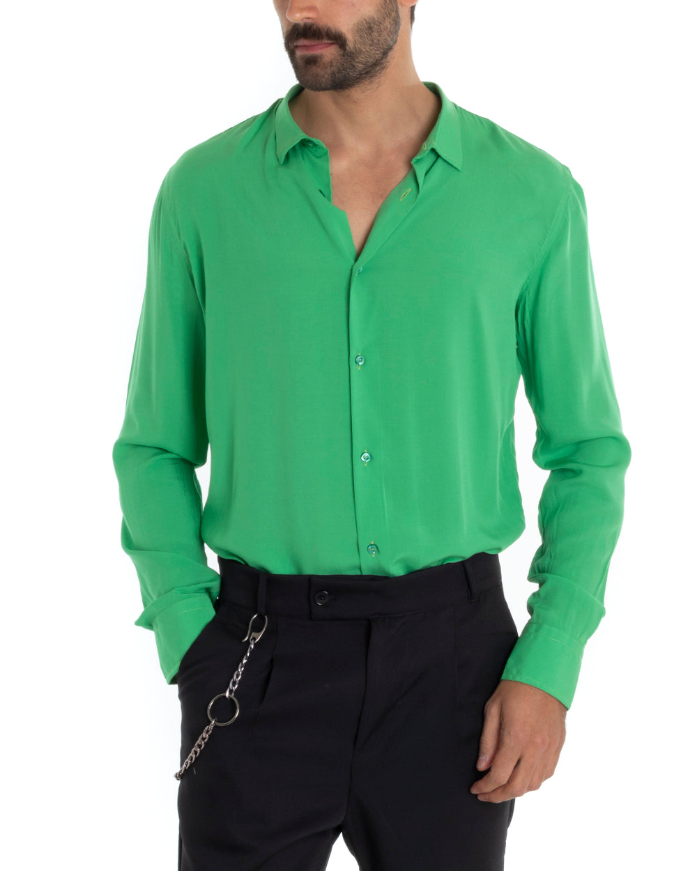 Camicia Uomo Sartoriale Con Colletto Maniche Lunghe Basic Viscosa Morbida Verde GIOSAL-C2365A