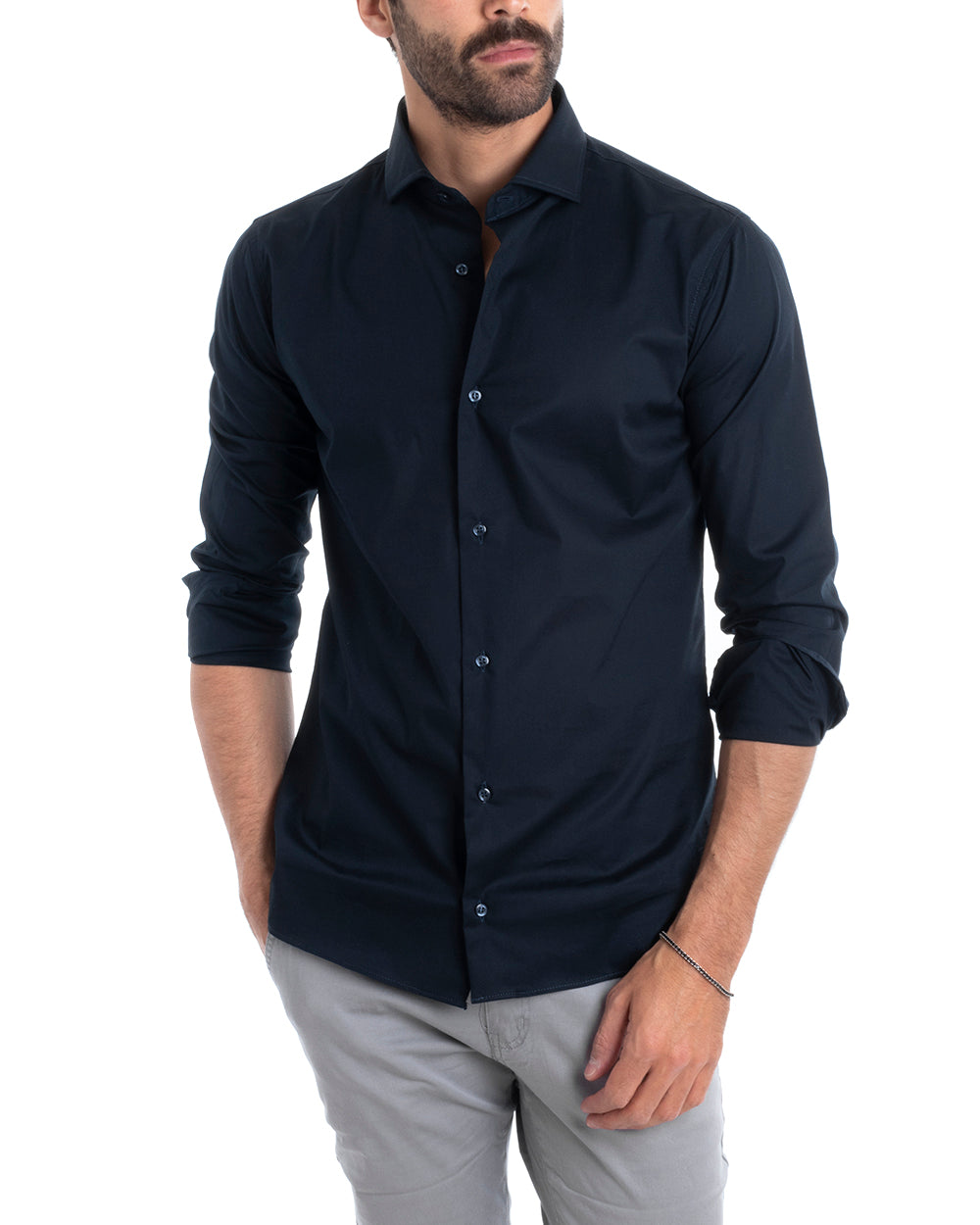 Camicia Uomo Sartoriale Con Colletto Manica Lunga Basic Cotone Morbido Blu Regular Fit GIOSAL-C2395A