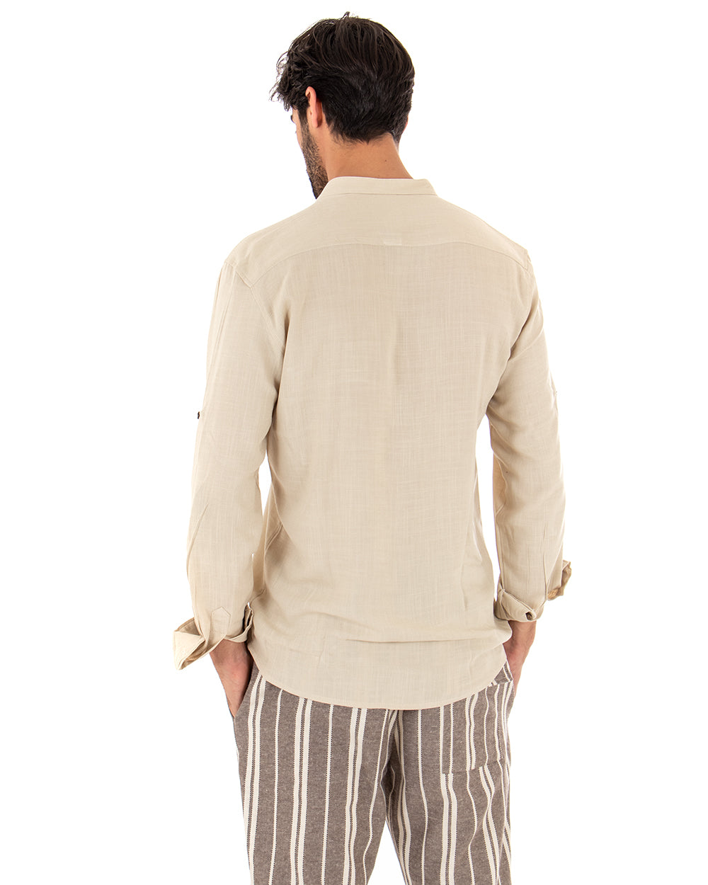 Camicia Uomo Collo Coreano Manica Lunga Regular Fit Viscosa Morbida Beige GIOSAL-C2414A