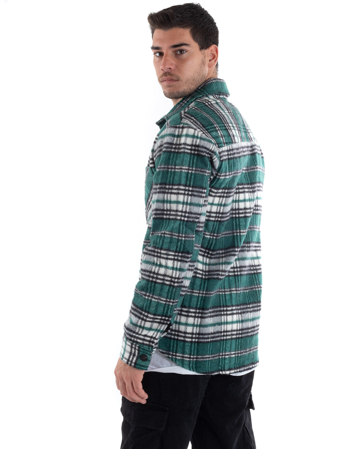 Camicia Camicione Uomo Tartan Con Colletto Overshirt Caldo Fantasia Quadri Scozzese Verde GIOSAL-C2648A