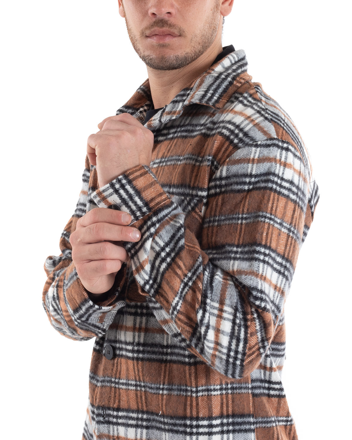 Camicia Camicione Uomo Tartan Con Colletto Overshirt Caldo Fantasia Quadri Scozzese Casual Camel GIOSAL-C2649A