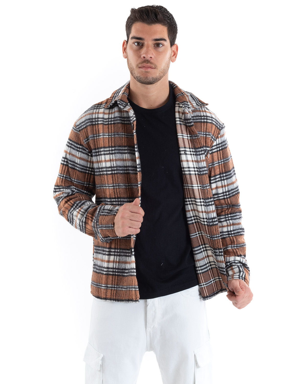 Camicia Camicione Uomo Tartan Con Colletto Overshirt Caldo Fantasia Quadri Scozzese Casual Camel GIOSAL-C2649A