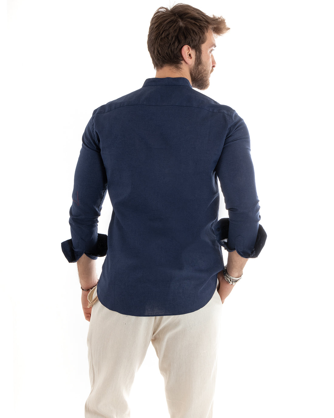 Camicia Uomo Lino Collo Coreano Sartoriale Morbida Tinta Unita Blu GIOSAL-C2664A