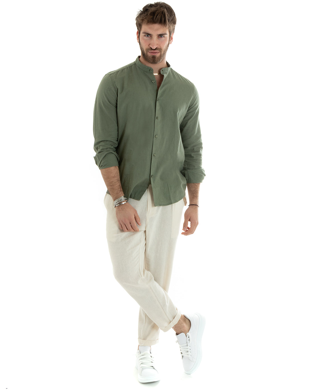 Camicia Uomo Lino Collo Coreano Sartoriale Morbida Tinta Unita Verde Militare GIOSAL-C2666A