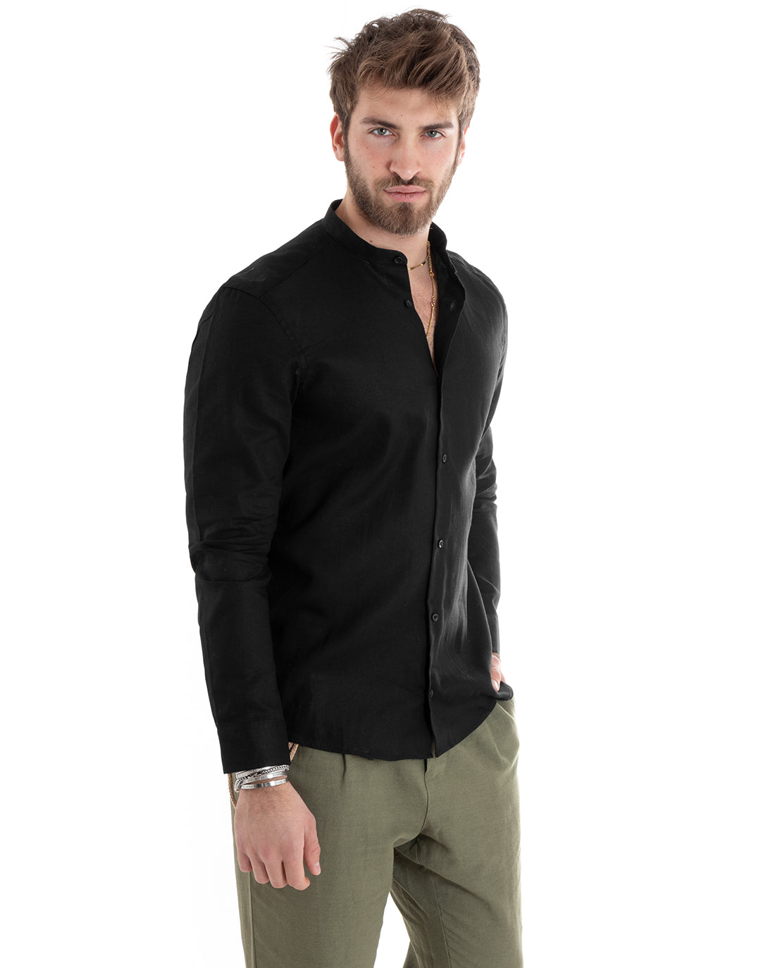 Camicia Uomo Lino Collo Coreano Sartoriale Morbida Tinta Unita Nero GIOSAL-C2667A