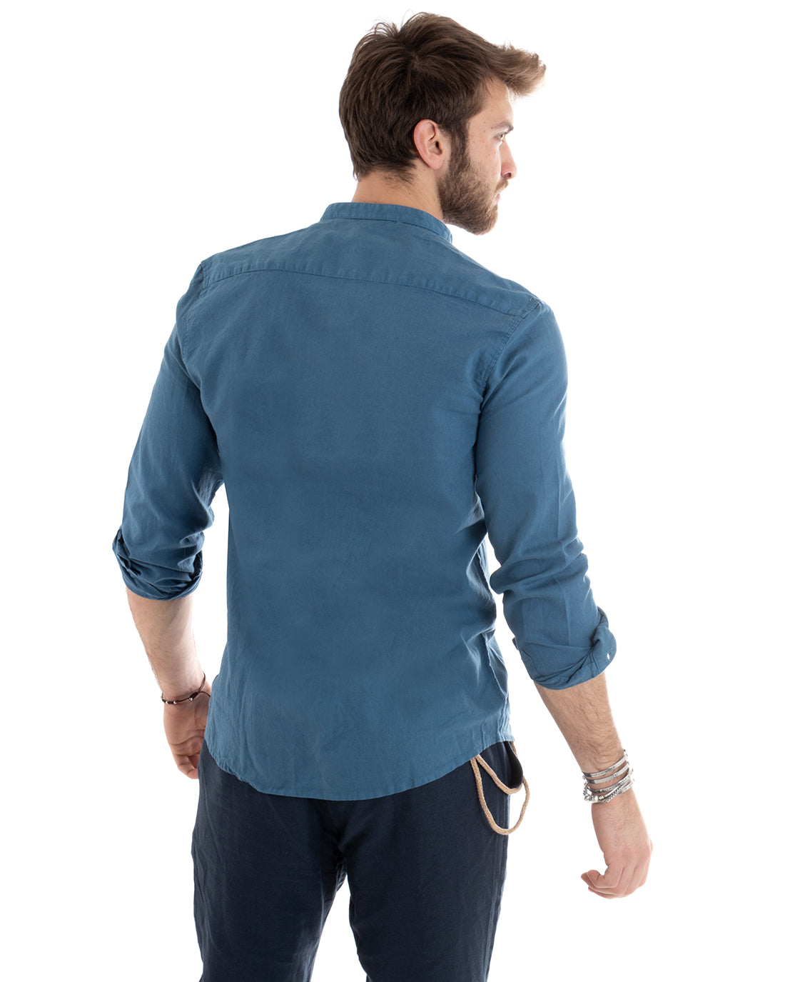 Camicia Uomo Lino Collo Coreano Sartoriale Morbida Tinta Unita Avio GIOSAL-C2668A