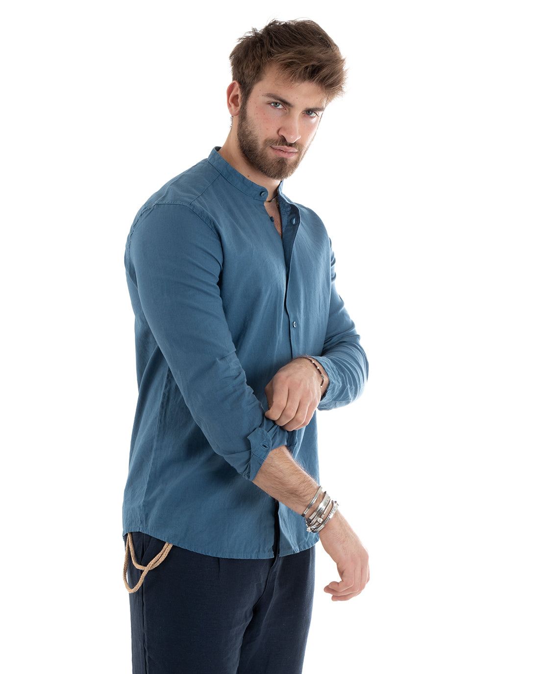 Camicia Uomo Lino Collo Coreano Sartoriale Morbida Tinta Unita Avio GIOSAL-C2668A