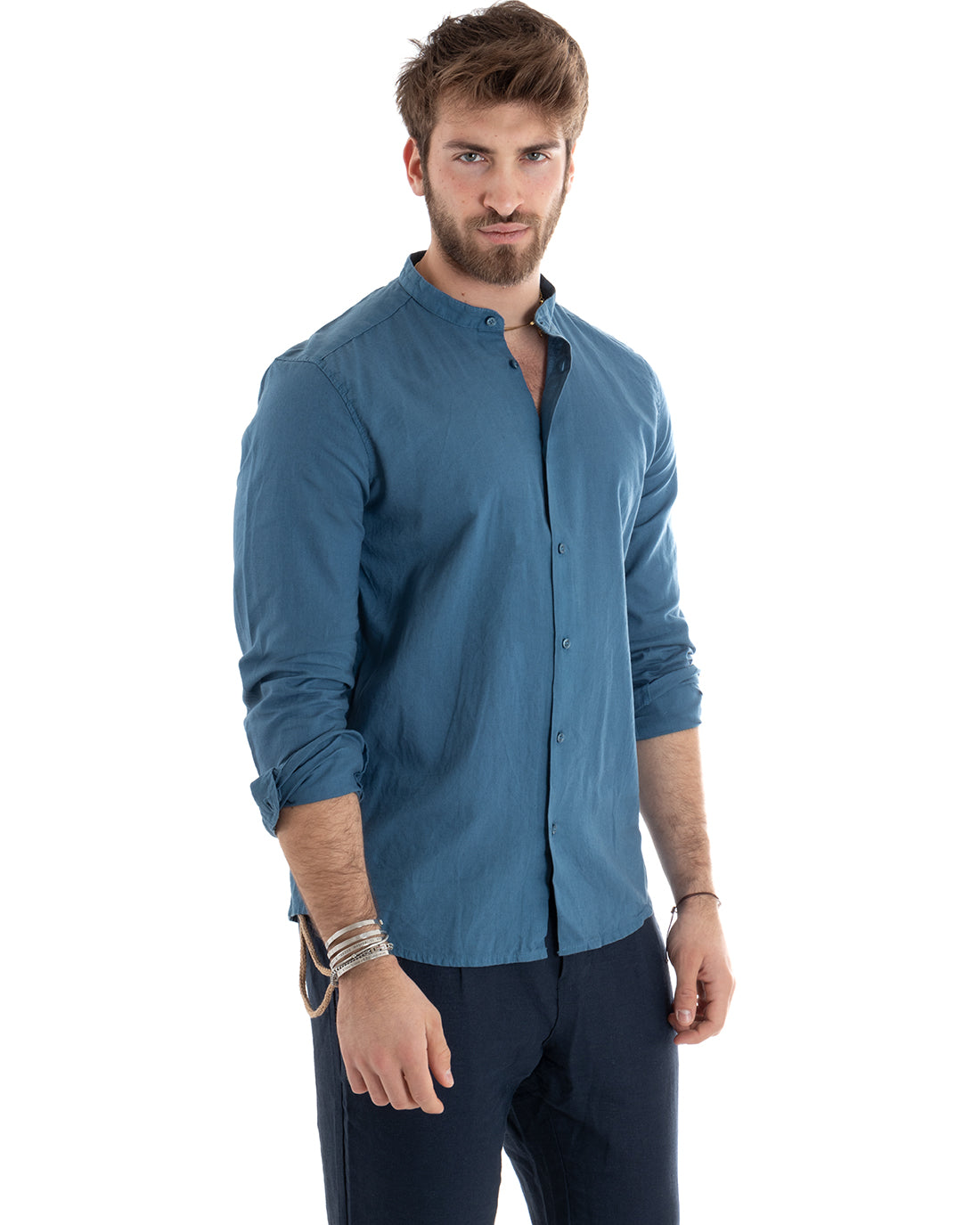 Camicia Uomo Lino Collo Coreano Sartoriale Morbida Tinta Unita Avio GIOSAL-C2668A