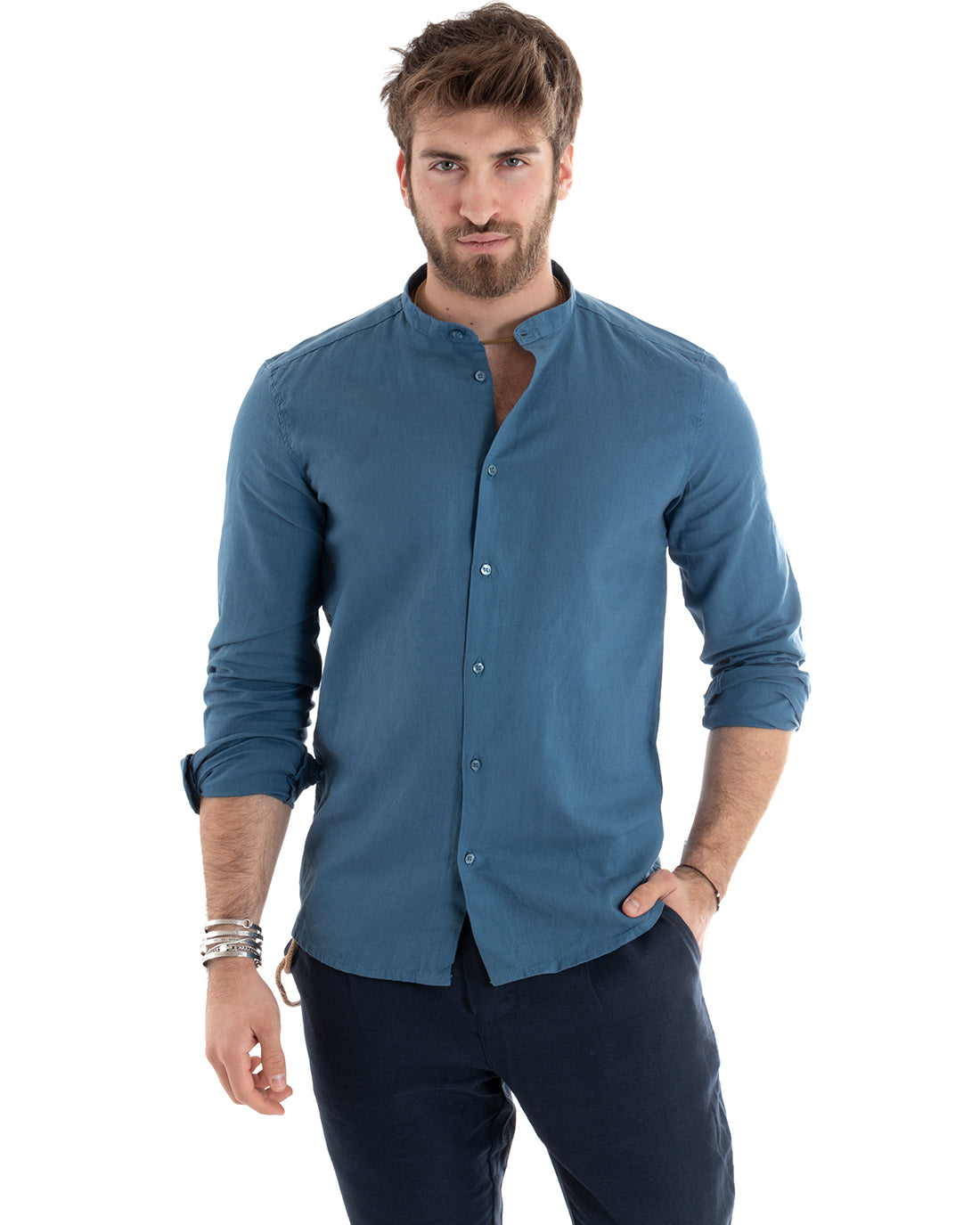 Camicia Uomo Lino Collo Coreano Sartoriale Morbida Tinta Unita Avio GIOSAL-C2668A