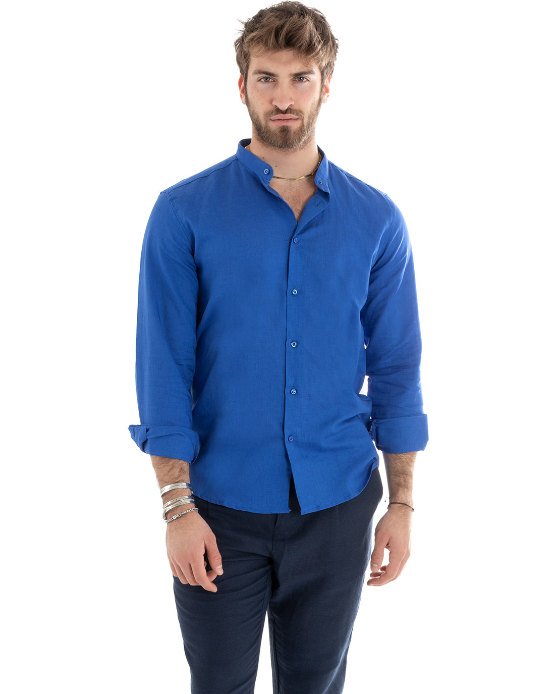 Camicia Uomo Lino Collo Coreano Sartoriale Morbida Tinta Unita Blu Royal GIOSAL-C2669A