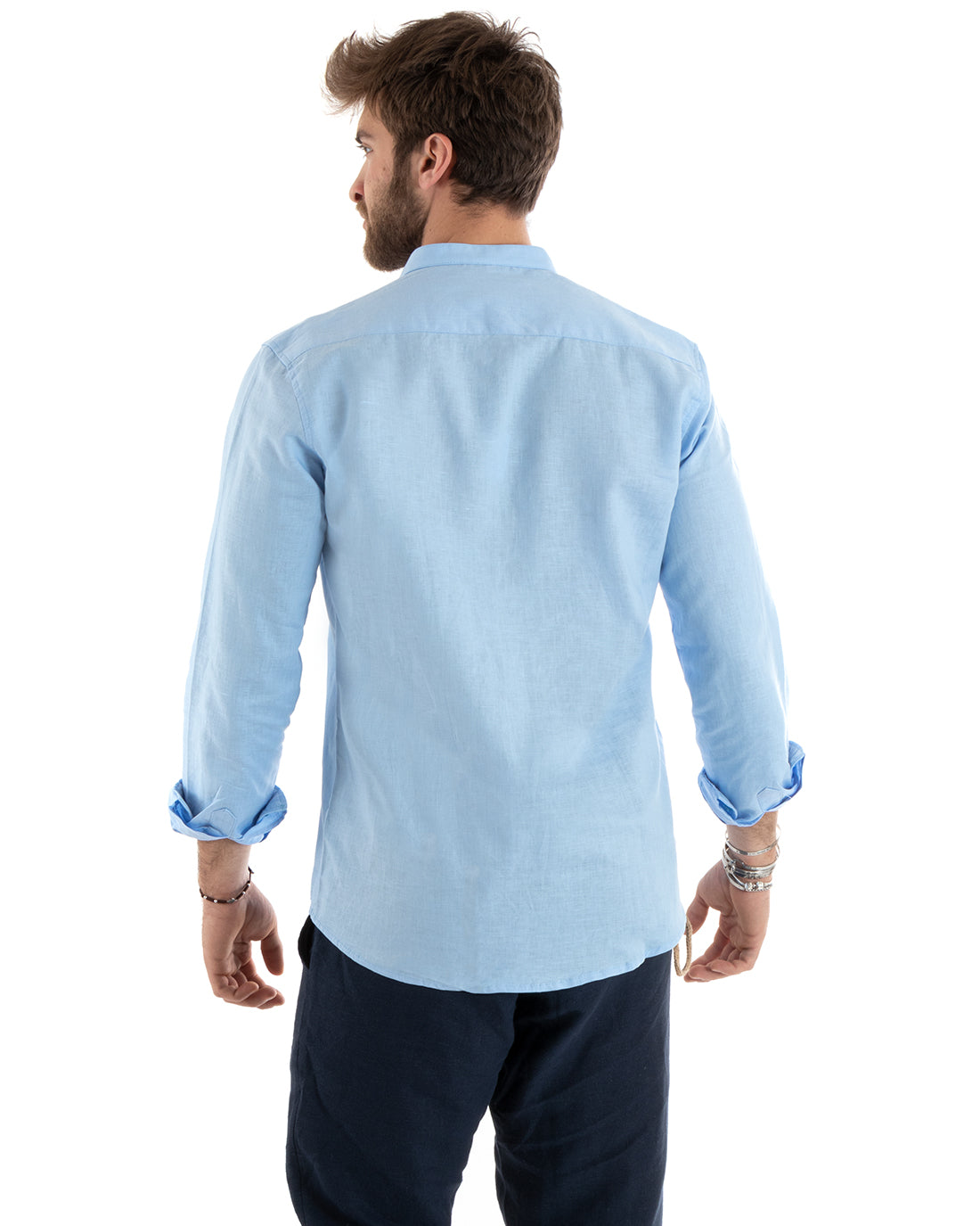Camicia Uomo Lino Collo Coreano Sartoriale Morbida Tinta Unita Celeste GIOSAL-C2670A