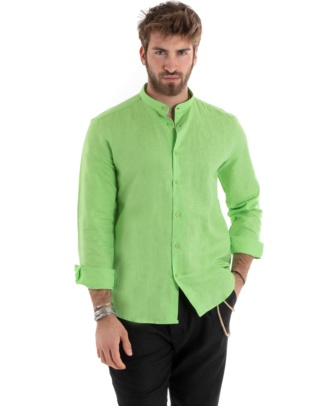 Camicia Uomo Lino Collo Coreano Sartoriale Morbida Tinta Unita Verde Acido GIOSAL-C2671A