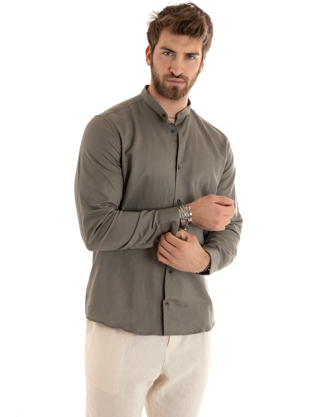 Camicia Uomo Lino Collo Coreano Sartoriale Morbida Tinta Unita Fango GIOSAL-C2672A