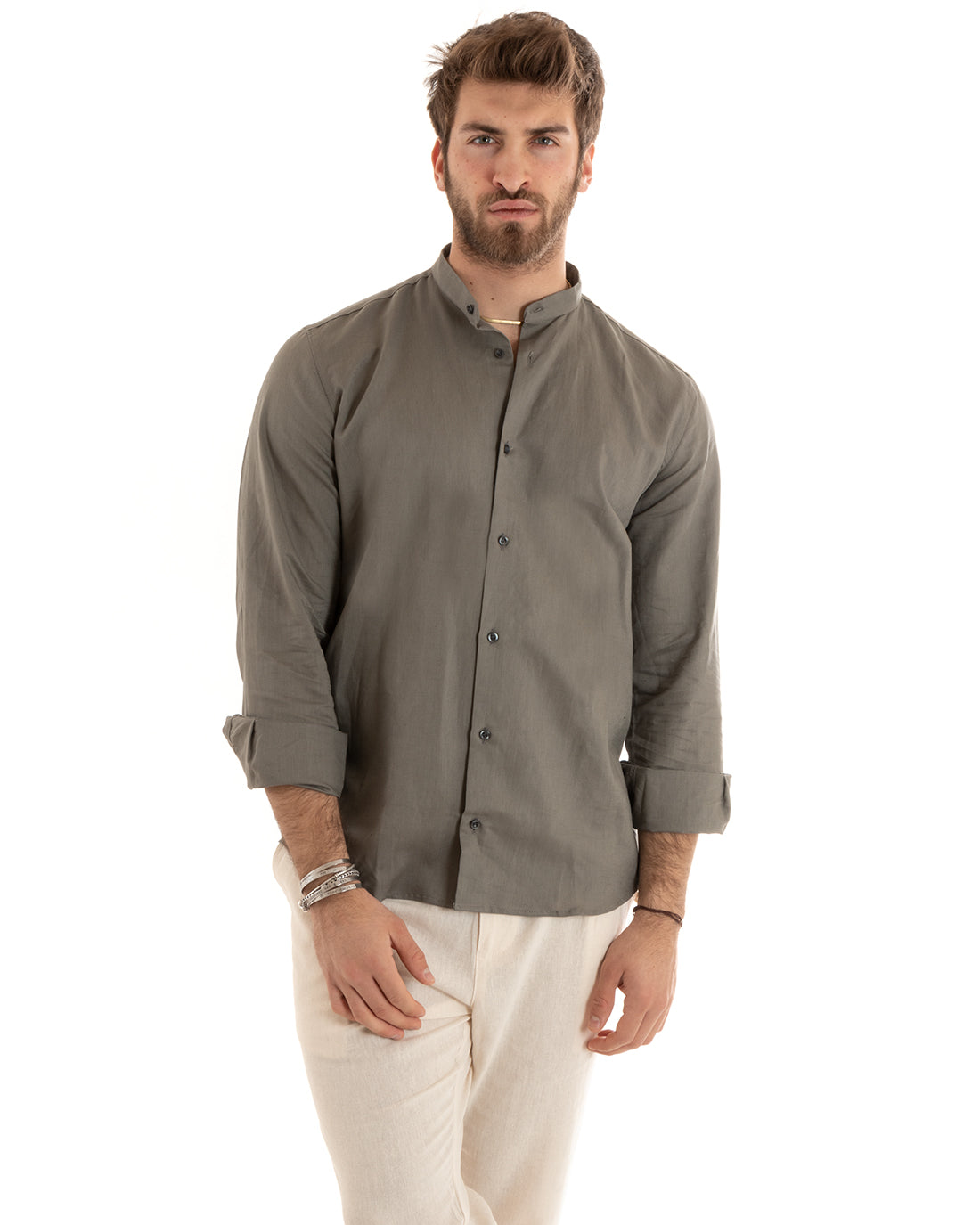 Camicia Uomo Lino Collo Coreano Sartoriale Morbida Tinta Unita Fango GIOSAL-C2672A