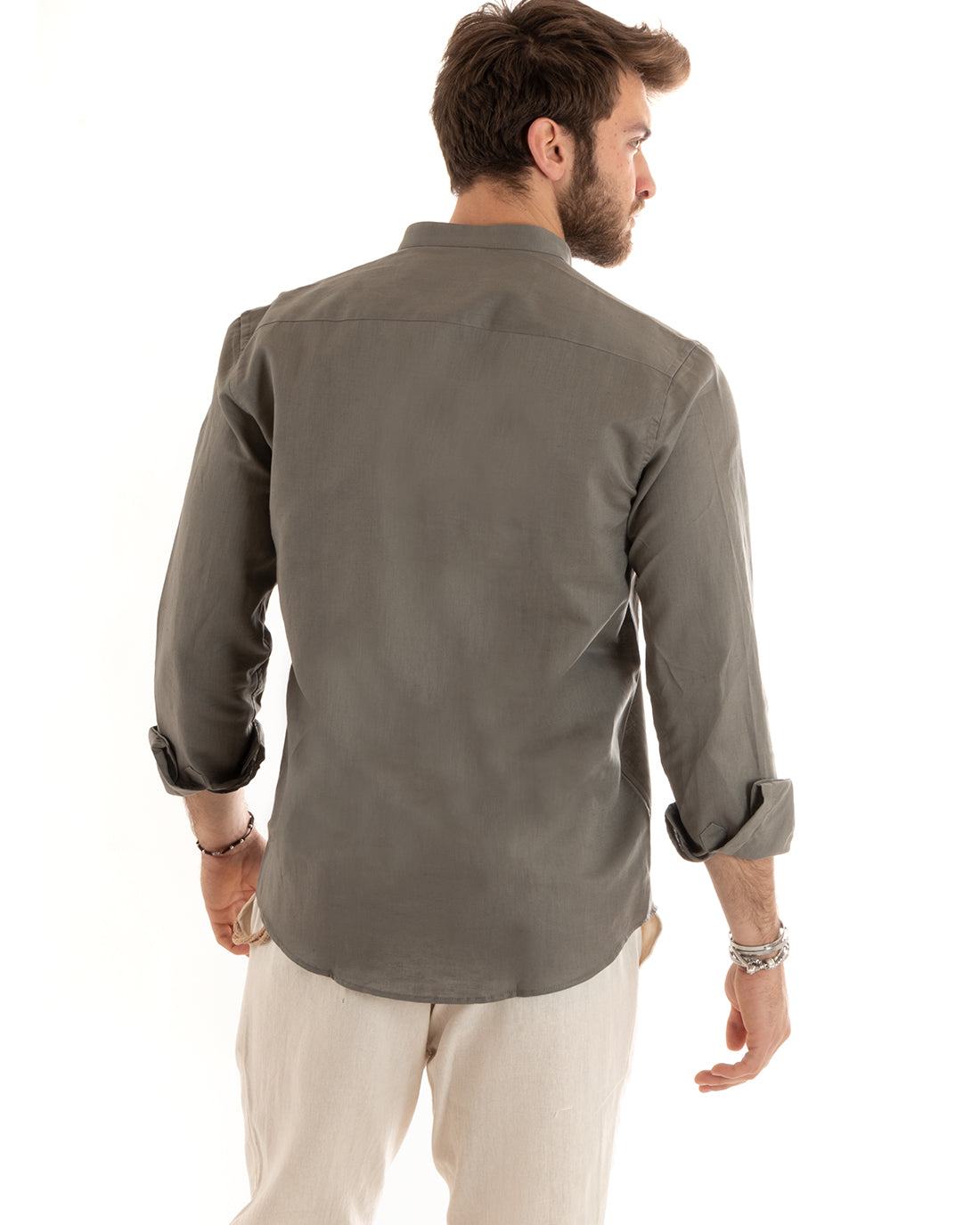 Camicia Uomo Lino Collo Coreano Sartoriale Morbida Tinta Unita Fango GIOSAL-C2672A