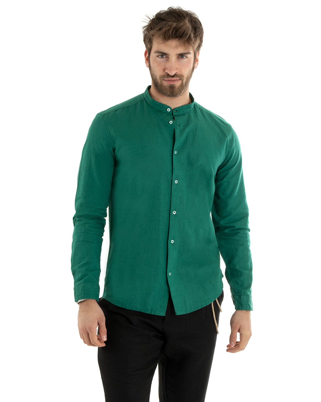 Camicia Uomo Lino Collo Coreano Sartoriale Morbida Tinta Unita Verde Petrolio GIOSAL-C2673A