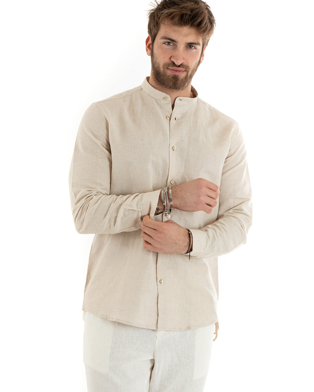 Camicia Uomo Lino Collo Coreano Sartoriale Morbida Tinta Unita Beige GIOSAL-C2675A