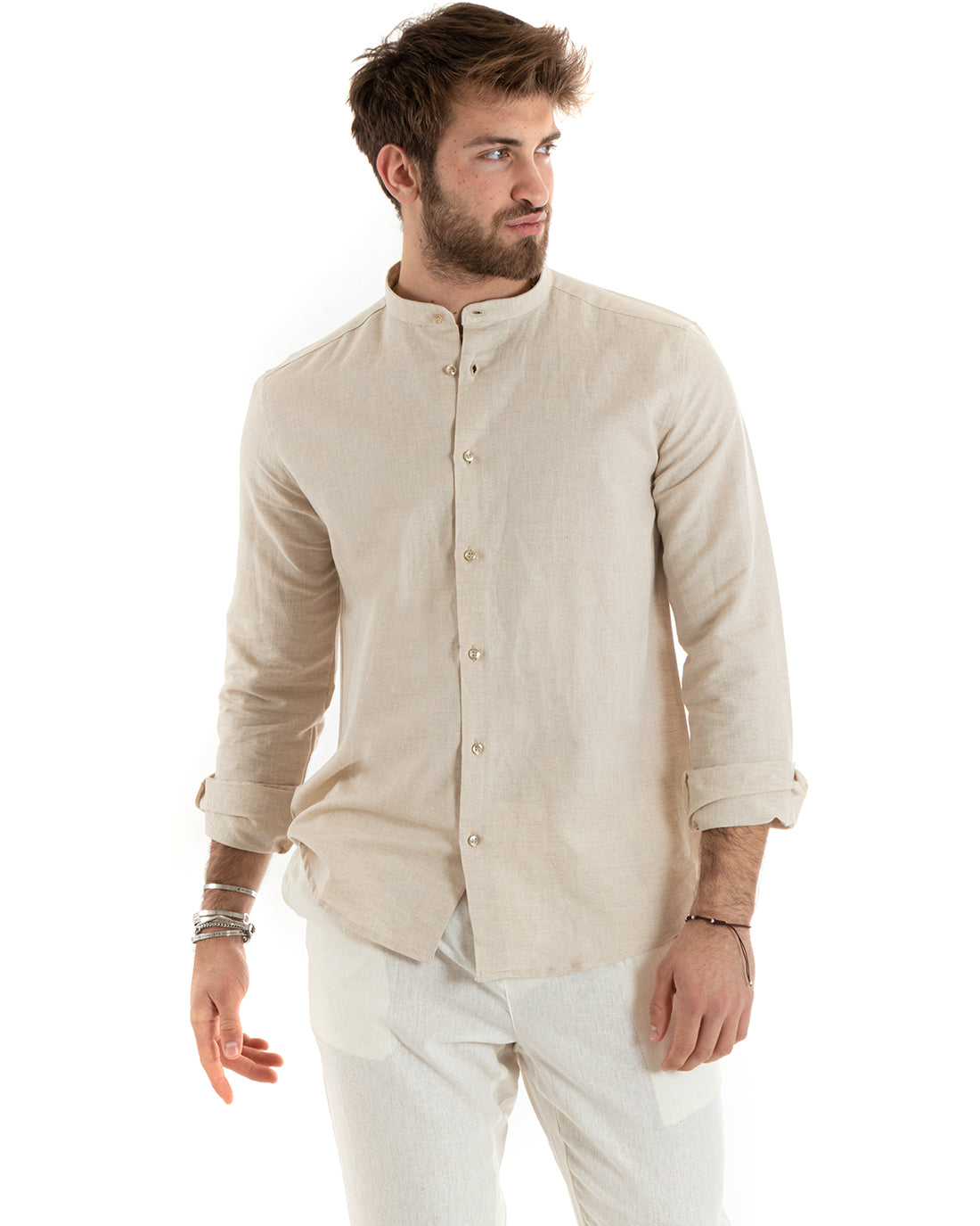 Camicia Uomo Lino Collo Coreano Sartoriale Morbida Tinta Unita Beige GIOSAL-C2675A