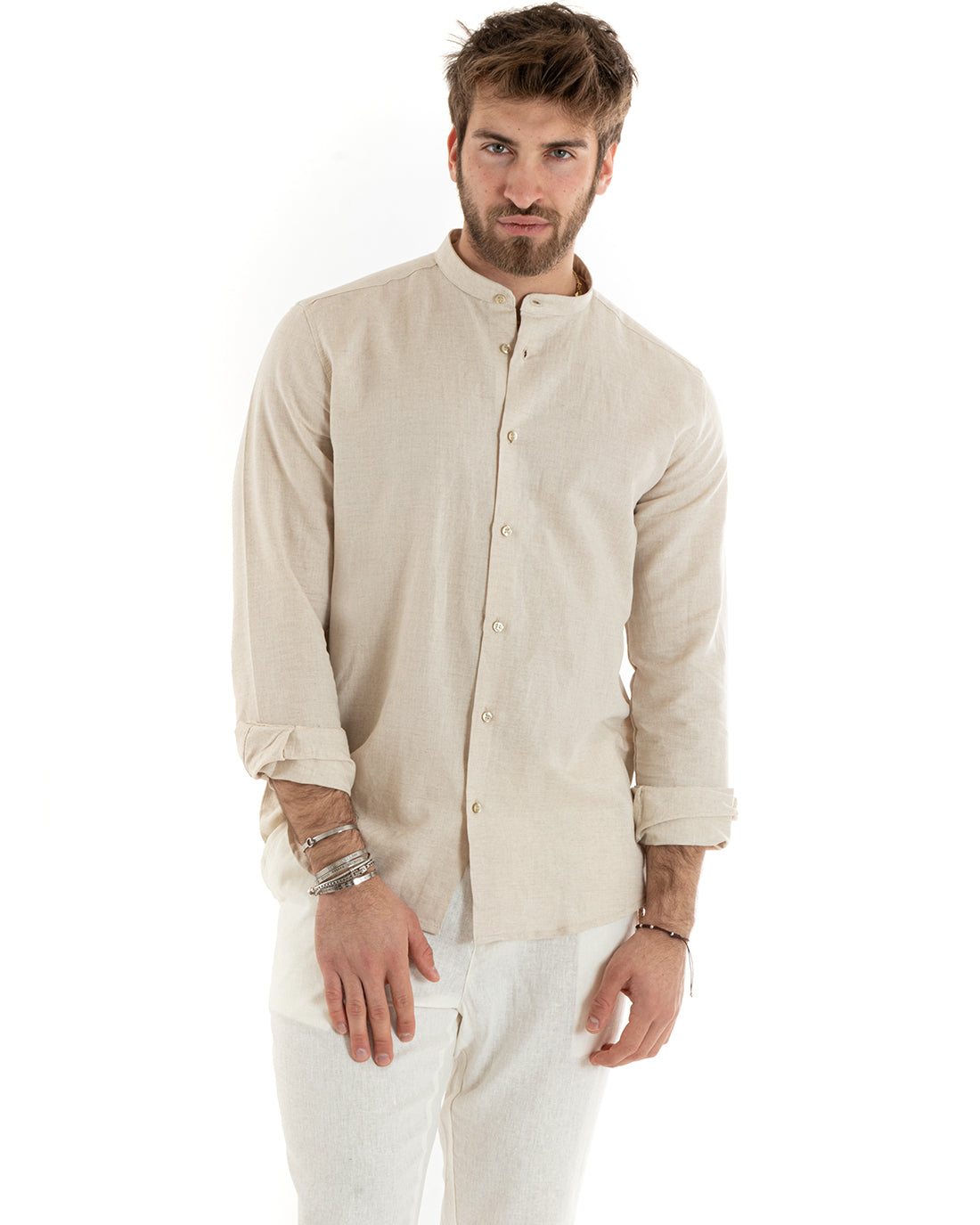 Camicia Uomo Lino Collo Coreano Sartoriale Morbida Tinta Unita Beige GIOSAL-C2675A