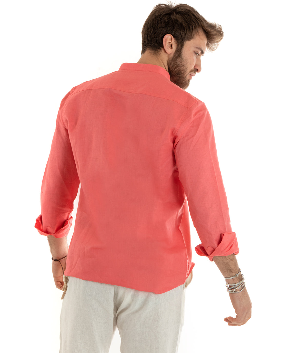 Camicia Uomo Lino Collo Coreano Sartoriale Morbida Tinta Unita Corallo GIOSAL-C2677A