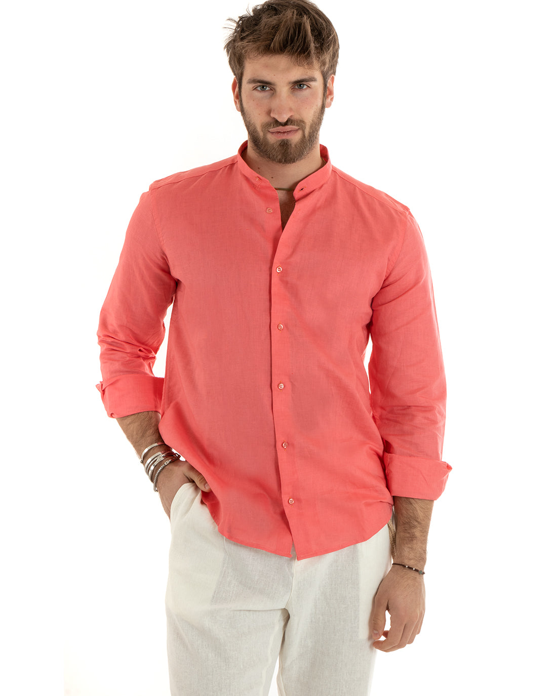 Camicia Uomo Lino Collo Coreano Sartoriale Morbida Tinta Unita Corallo GIOSAL-C2677A