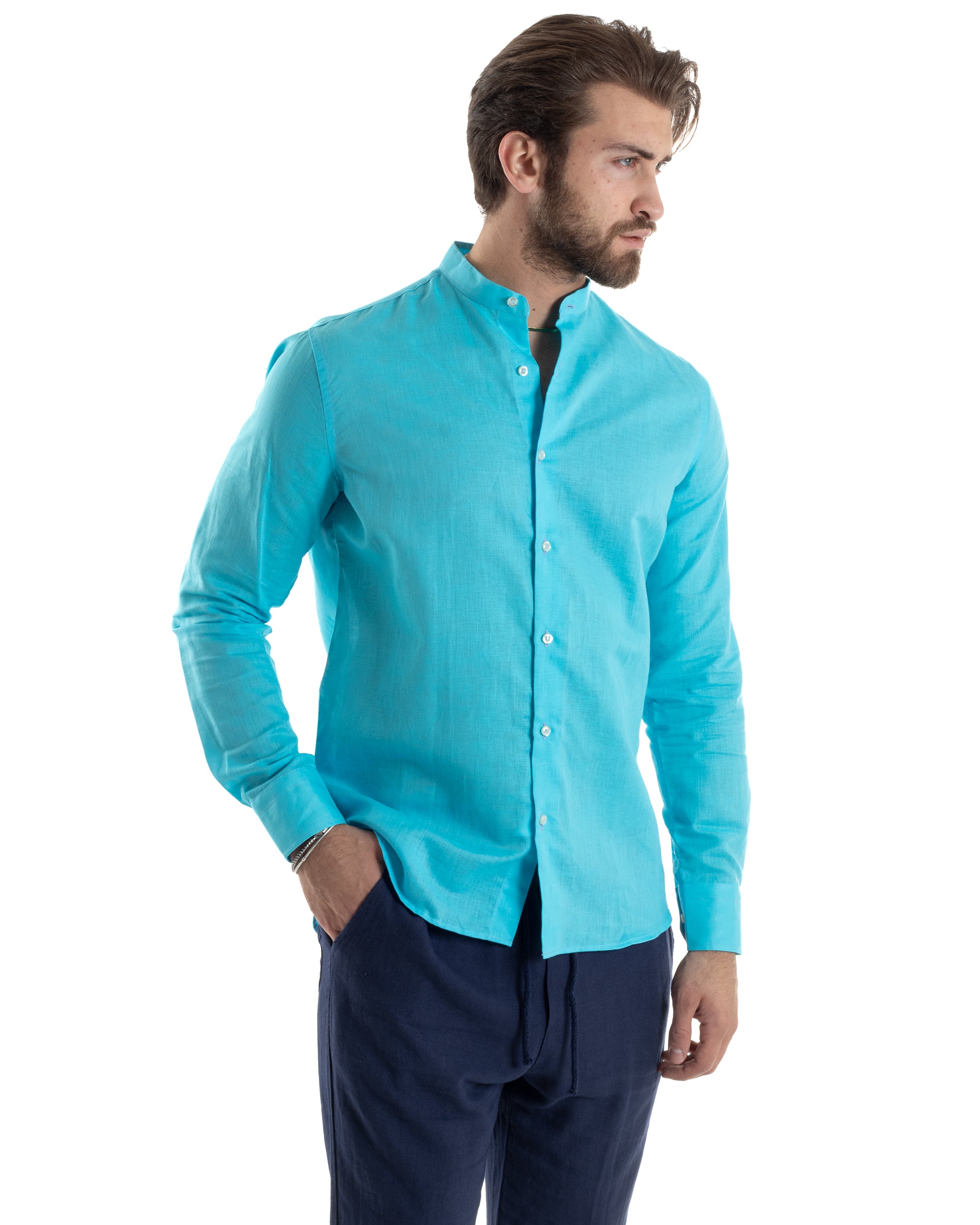 Camicia Uomo Lino Collo Coreano Sartoriale Morbida Tinta Unita Turchese GIOSAL-C2678A