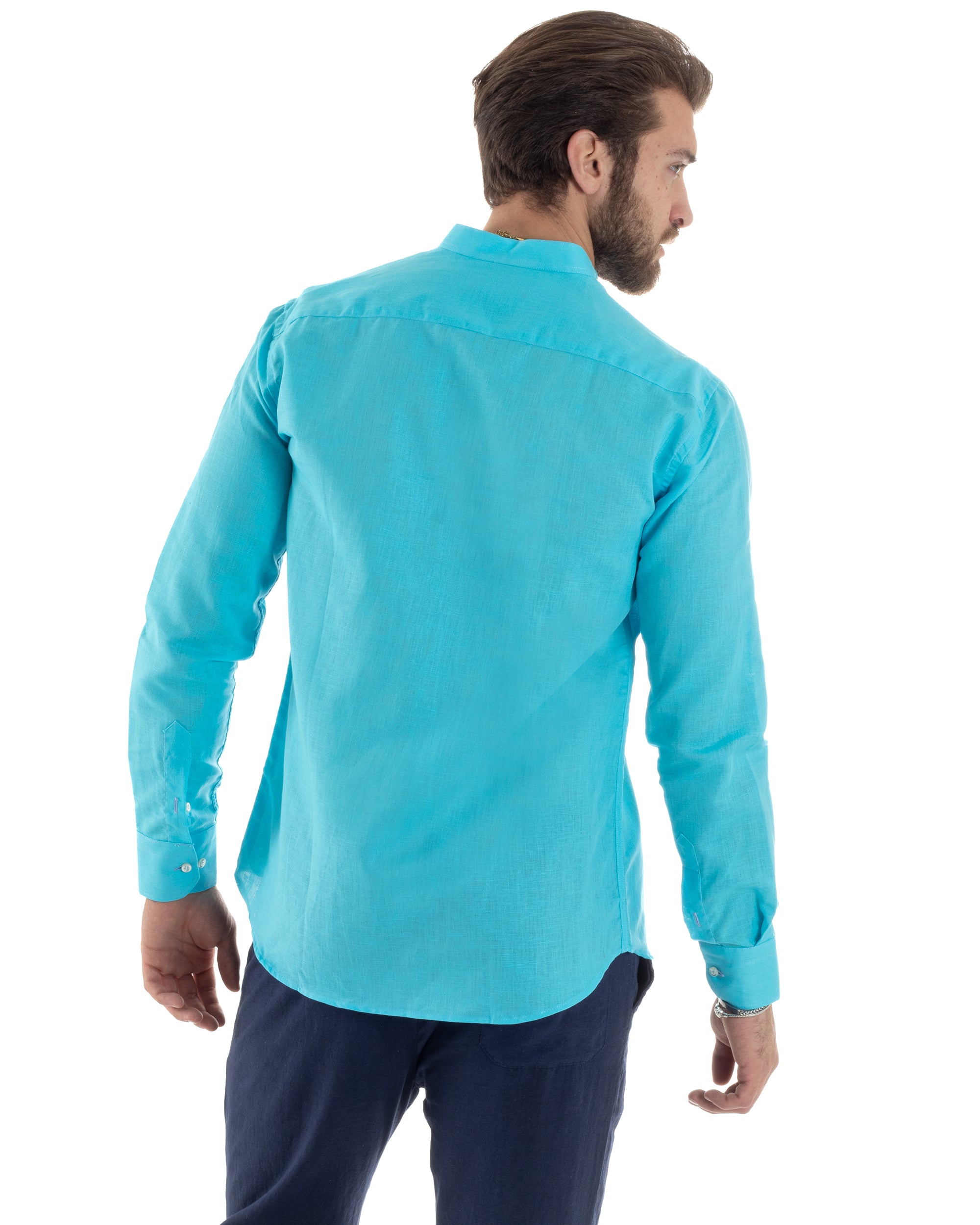 Camicia Uomo Lino Collo Coreano Sartoriale Morbida Tinta Unita Turchese GIOSAL-C2678A