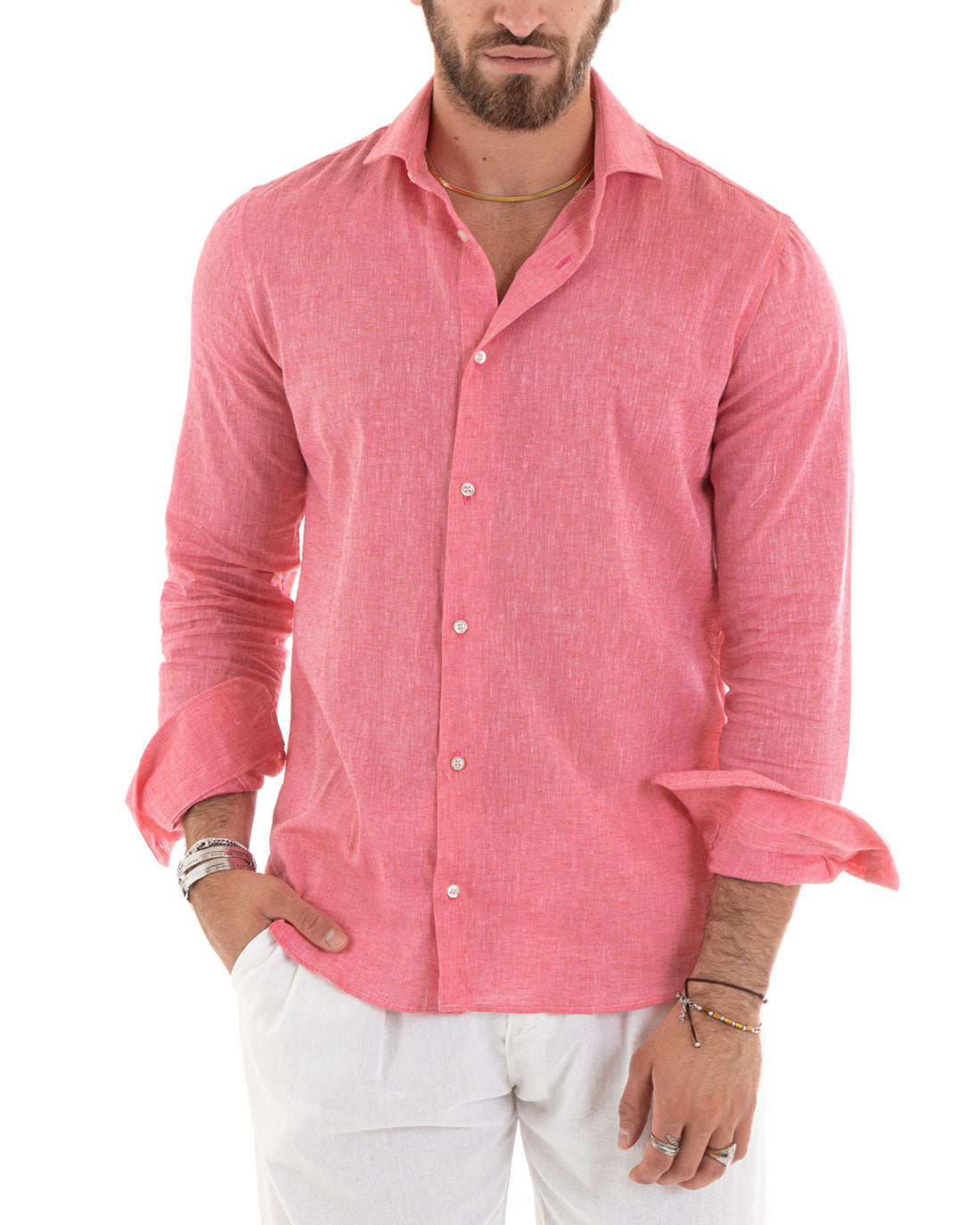 Camicia Uomo Lino Melangiata Colletto Francese Sartoriale Corallo GIOSAL-C2680A