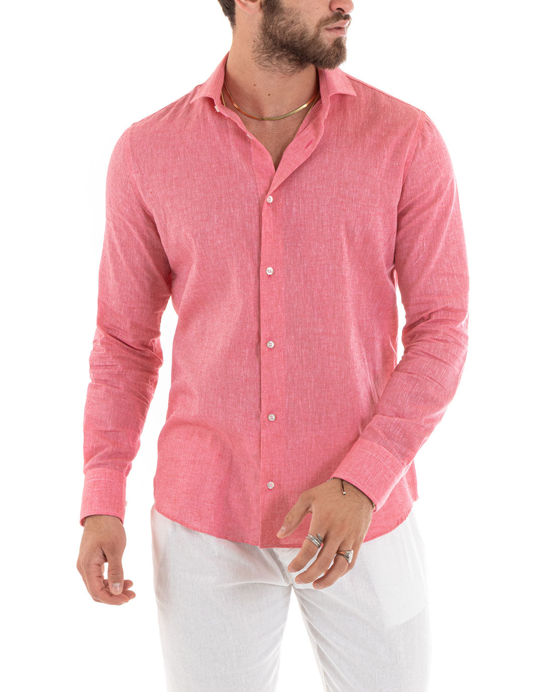 Camicia Uomo Lino Melangiata Colletto Francese Sartoriale Corallo GIOSAL-C2680A