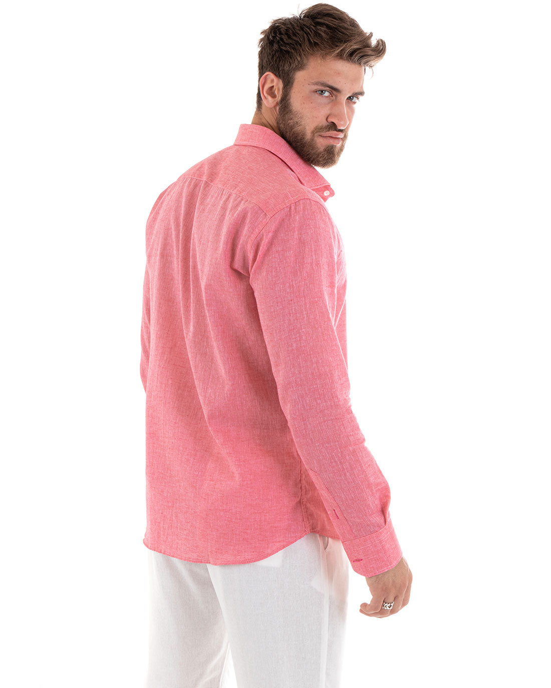 Camicia Uomo Lino Melangiata Colletto Francese Sartoriale Corallo GIOSAL-C2680A