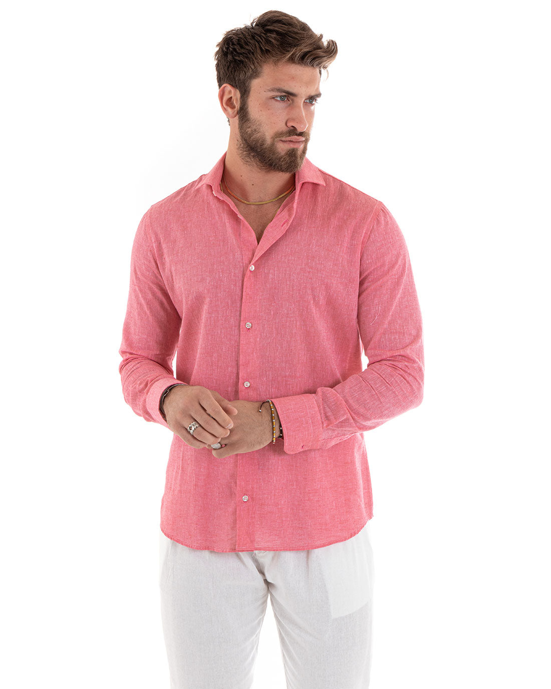 Camicia Uomo Lino Melangiata Colletto Francese Sartoriale Corallo GIOSAL-C2680A