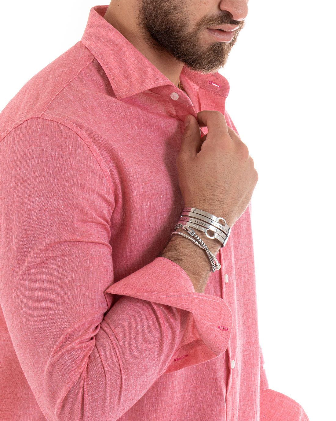 Camicia Uomo Lino Melangiata Colletto Francese Sartoriale Corallo GIOSAL-C2680A