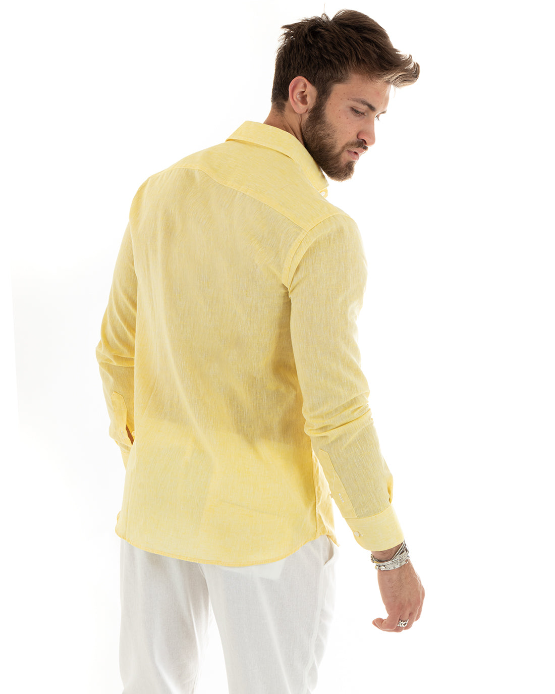 Men's Melange Linen Shirt with French Collar, Yellow Tailored C2681A