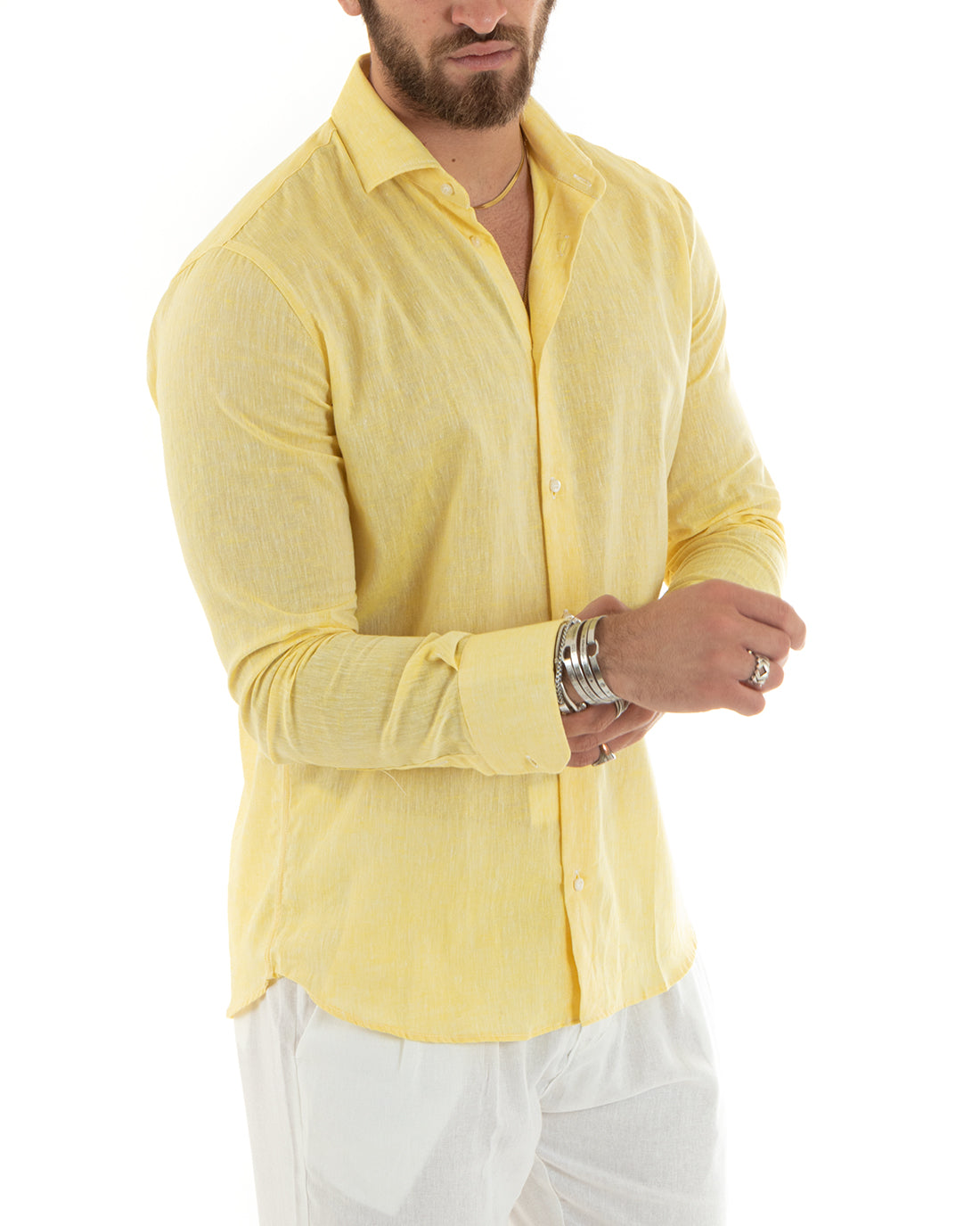 Men's Melange Linen Shirt with French Collar, Yellow Tailored C2681A